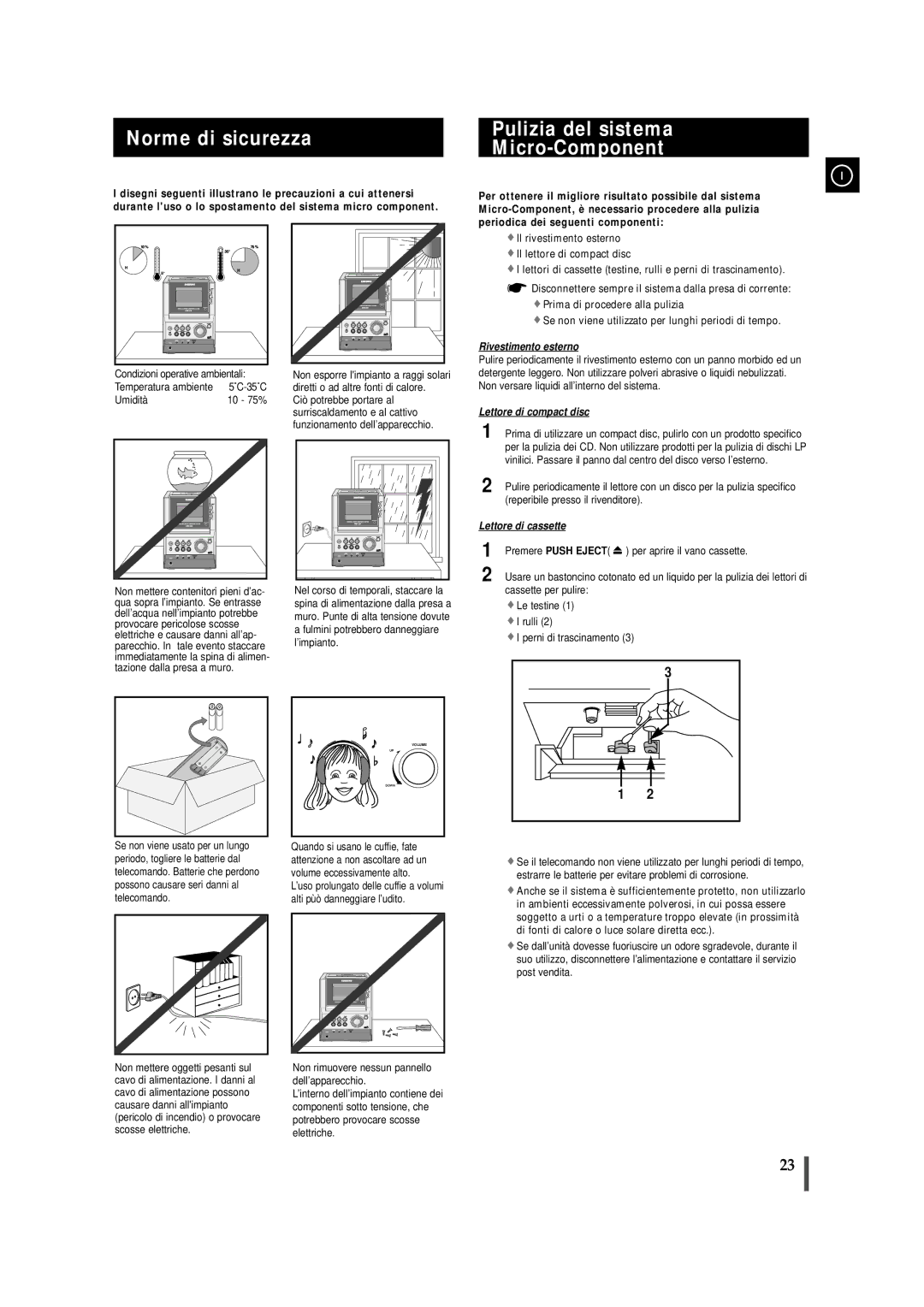 Samsung MMZJ8RH/ELS manual Norme di sicurezza Pulizia del sistema Micro-Component, Premere Push Eject 