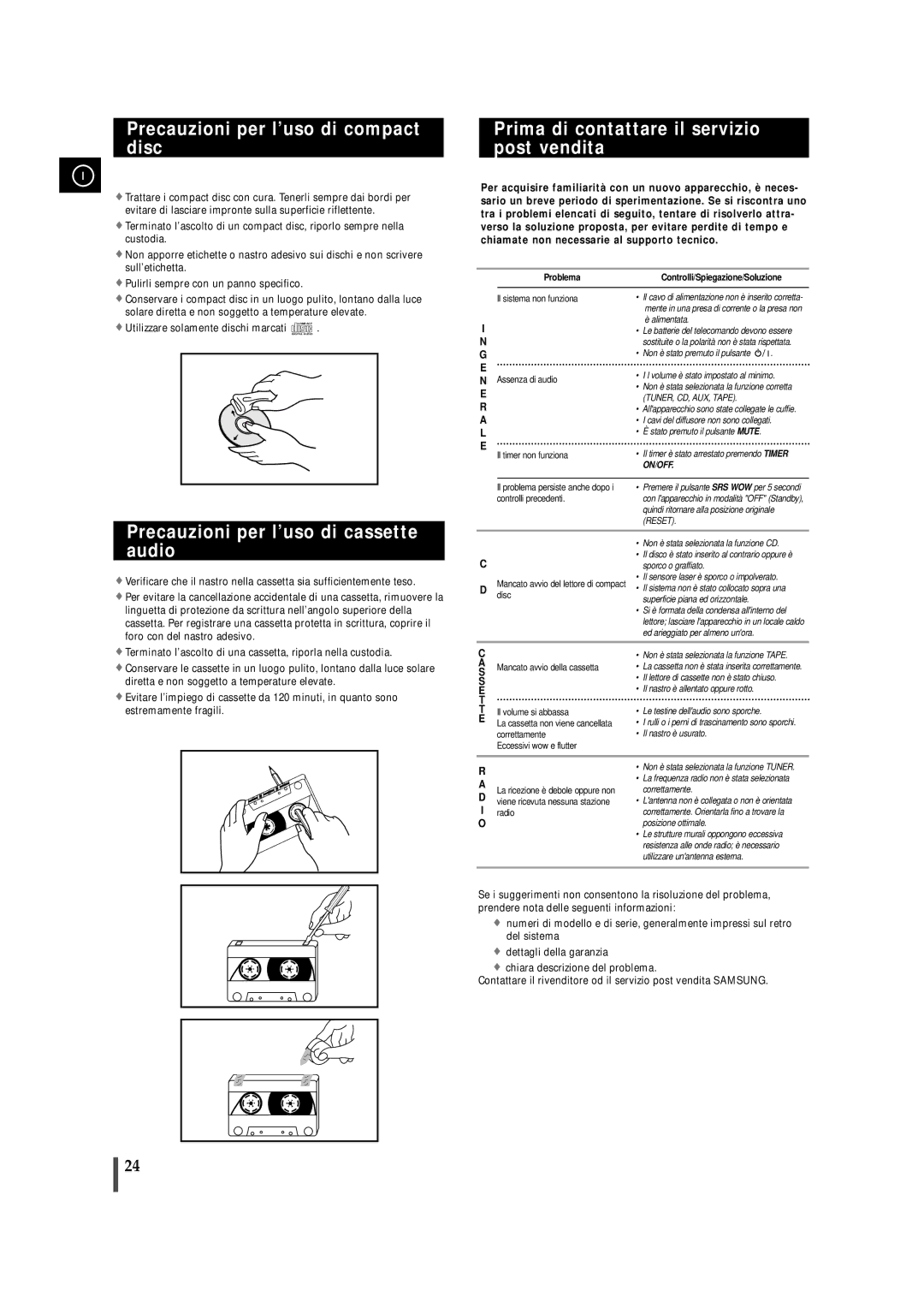 Samsung MMZJ8RH/ELS manual Precauzioni per l’uso di compact disc, Prima di contattare il servizio post vendita 