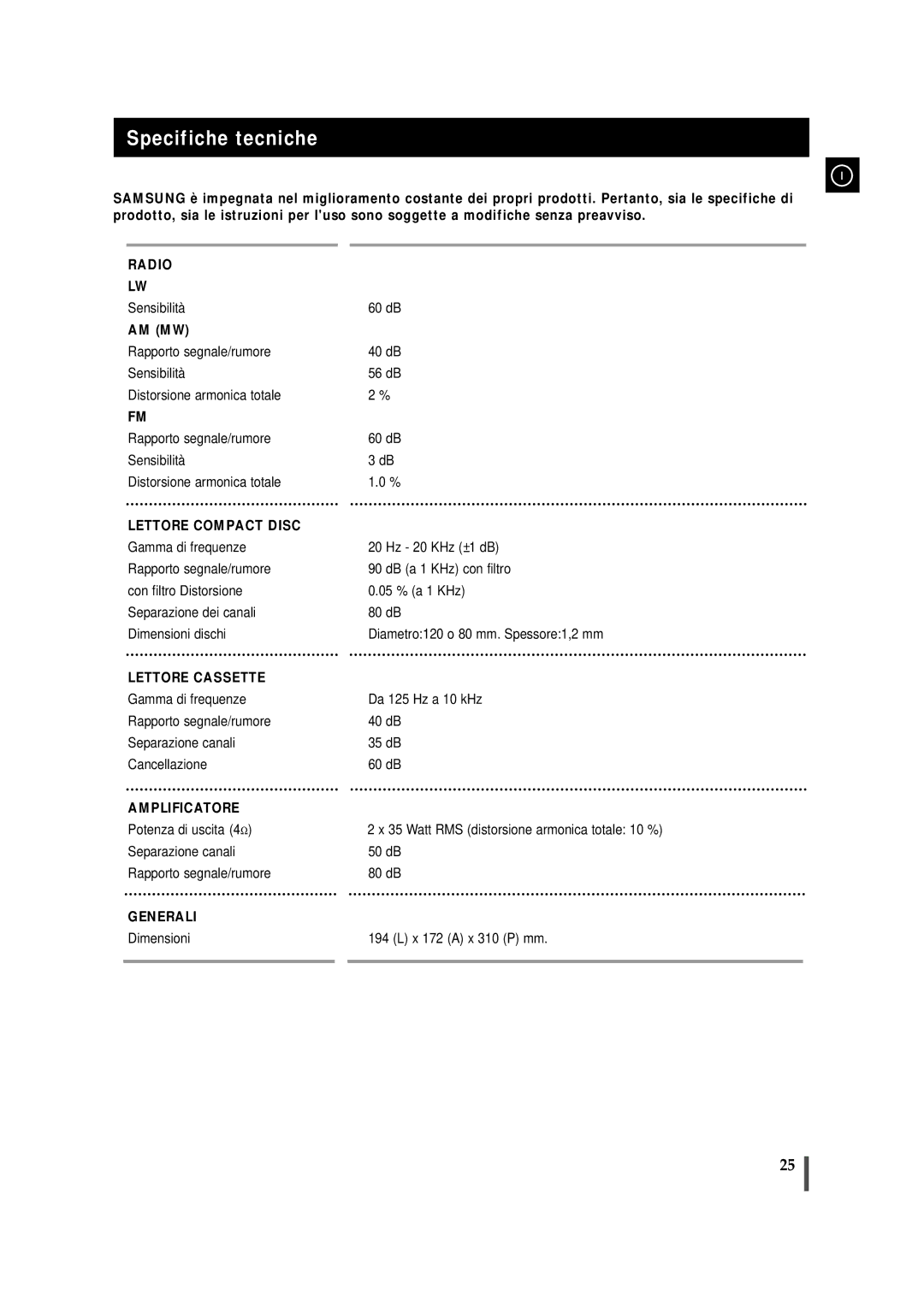 Samsung MMZJ8RH/ELS manual Specifiche tecniche, Am Mw 