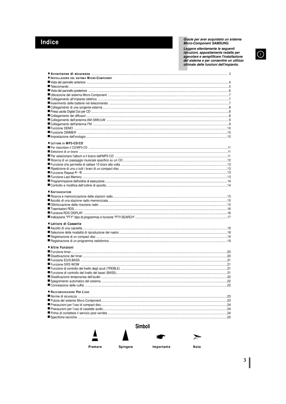 Samsung MMZJ8RH/ELS manual Indice, Installazione DEL Sistema MICRO-COMPONENT 