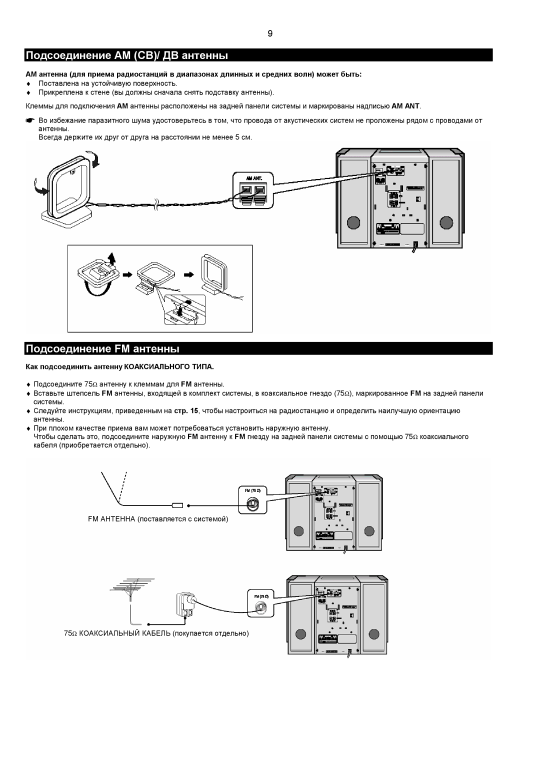 Samsung MMZJ9QH/XFO Подсоединение AM СВ/ ДВ антенны, Подсоединение FM антенны, Как подсоединить антенну Коаксиального Типа 