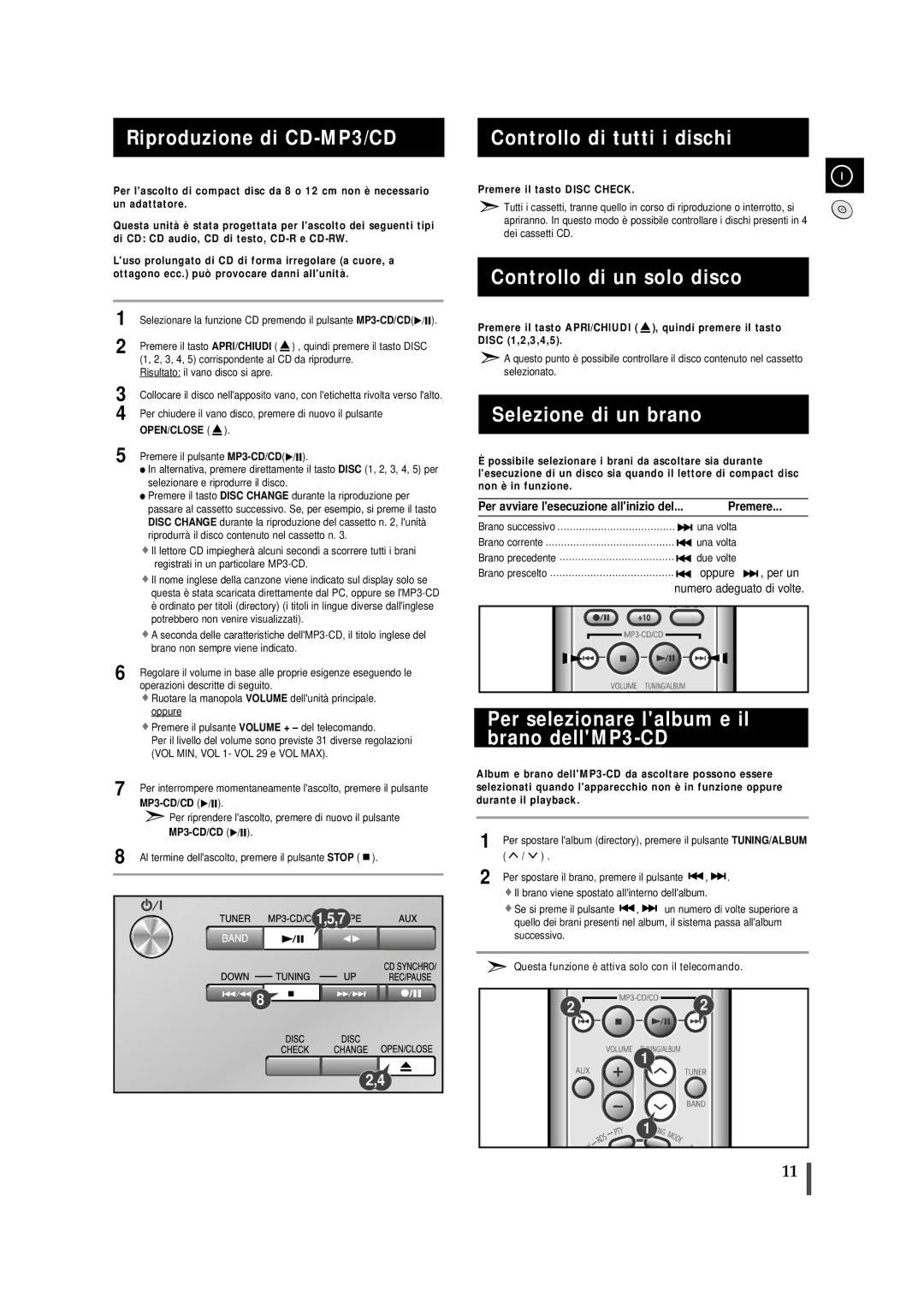 Samsung MM-ZJ9 Riproduzione di CD-MP3/CD Controllo di tutti i dischi, Controllo di un solo disco, Selezione di un brano 