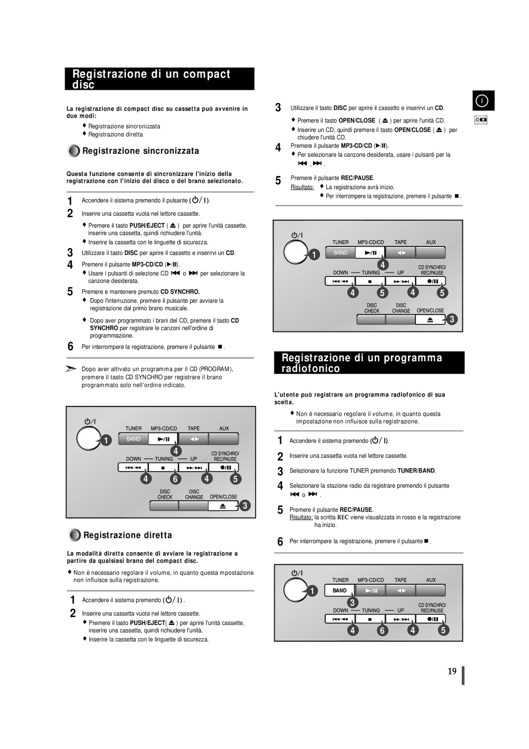 Samsung MM-ZJ9, MMZJ9RH/ELS manual Registrazione di un compact disc, Registrazione di un programma radiofonico 