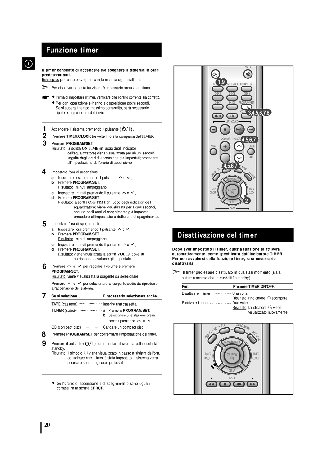 Samsung MMZJ9RH/ELS manual Funzione timer, Disattivazione del timer, Program/Set, Se si seleziona, Per Premere Timer ON/OFF 