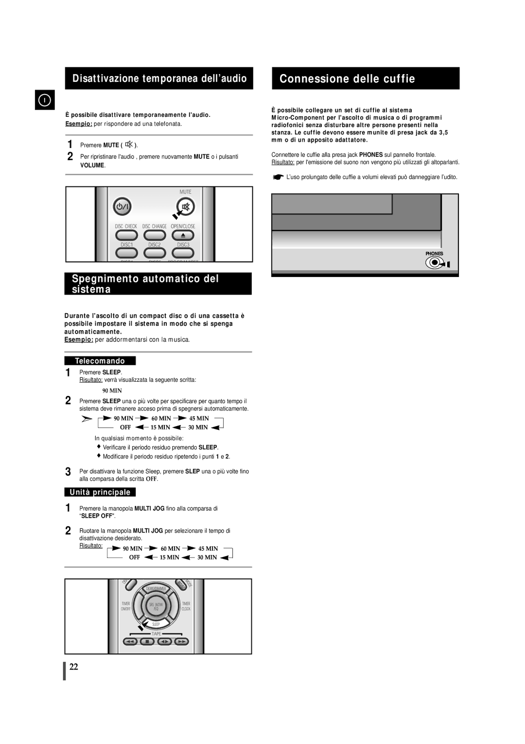 Samsung MMZJ9RH/ELS Connessione delle cuffie, Disattivazione temporanea dell’audio, Spegnimento automatico del sistema 