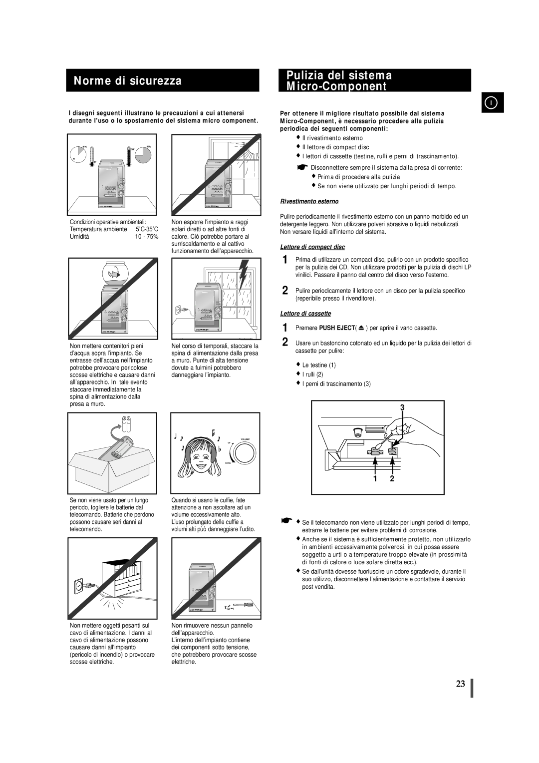 Samsung MM-ZJ9, MMZJ9RH/ELS manual Norme di sicurezza, Pulizia del sistema Micro-Component, Premere Push Eject 