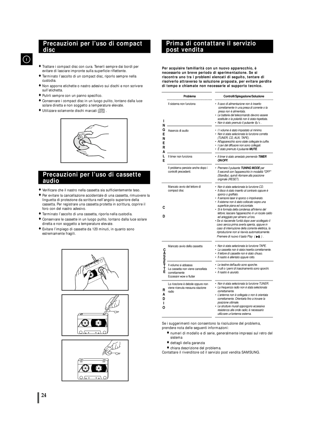 Samsung MMZJ9RH/ELS, MM-ZJ9 Precauzioni per l’uso di compact disc, Prima di contattare il servizio post vendita, E R a 