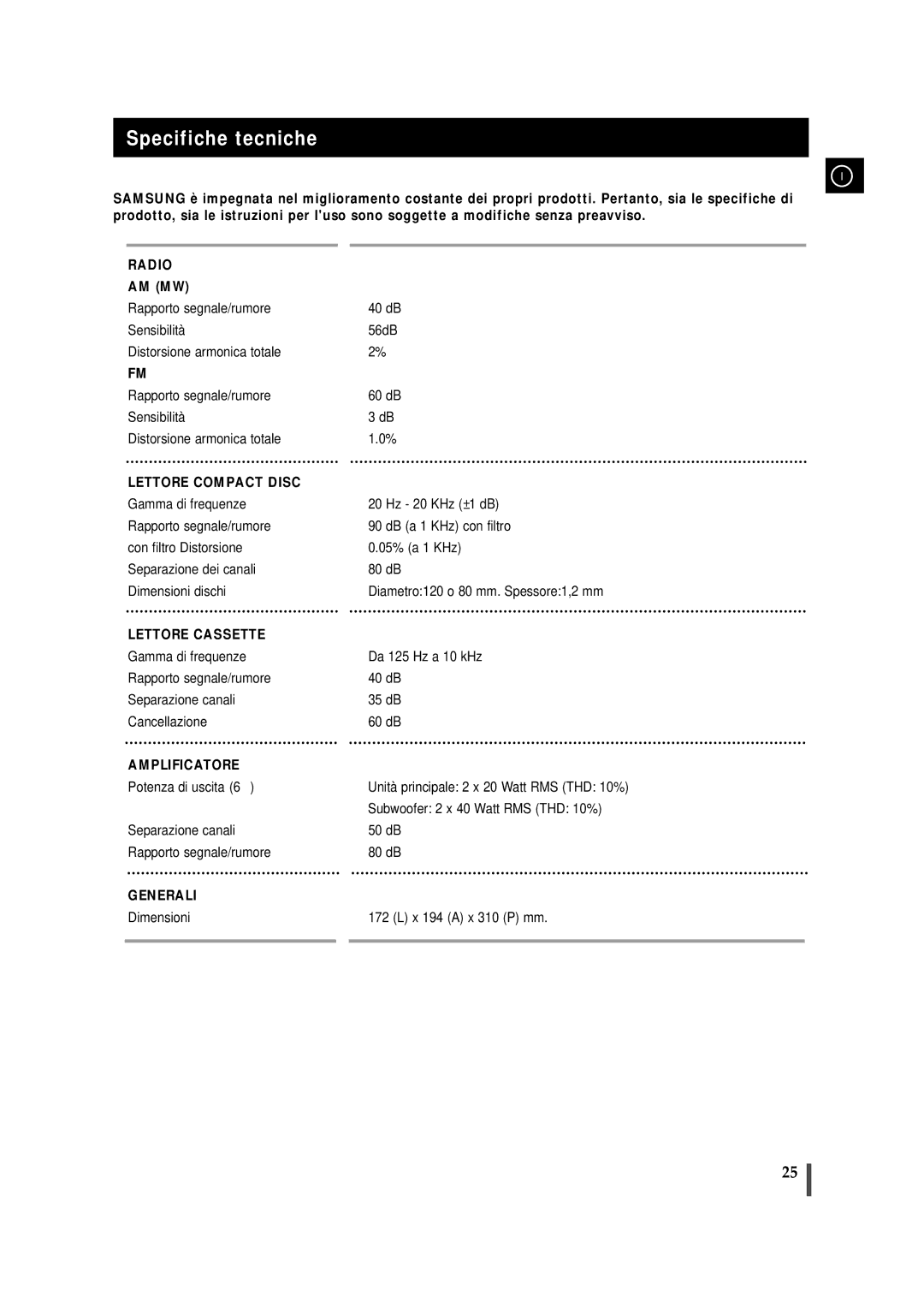 Samsung MM-ZJ9, MMZJ9RH/ELS manual Specifiche tecniche, Radio AM MW 