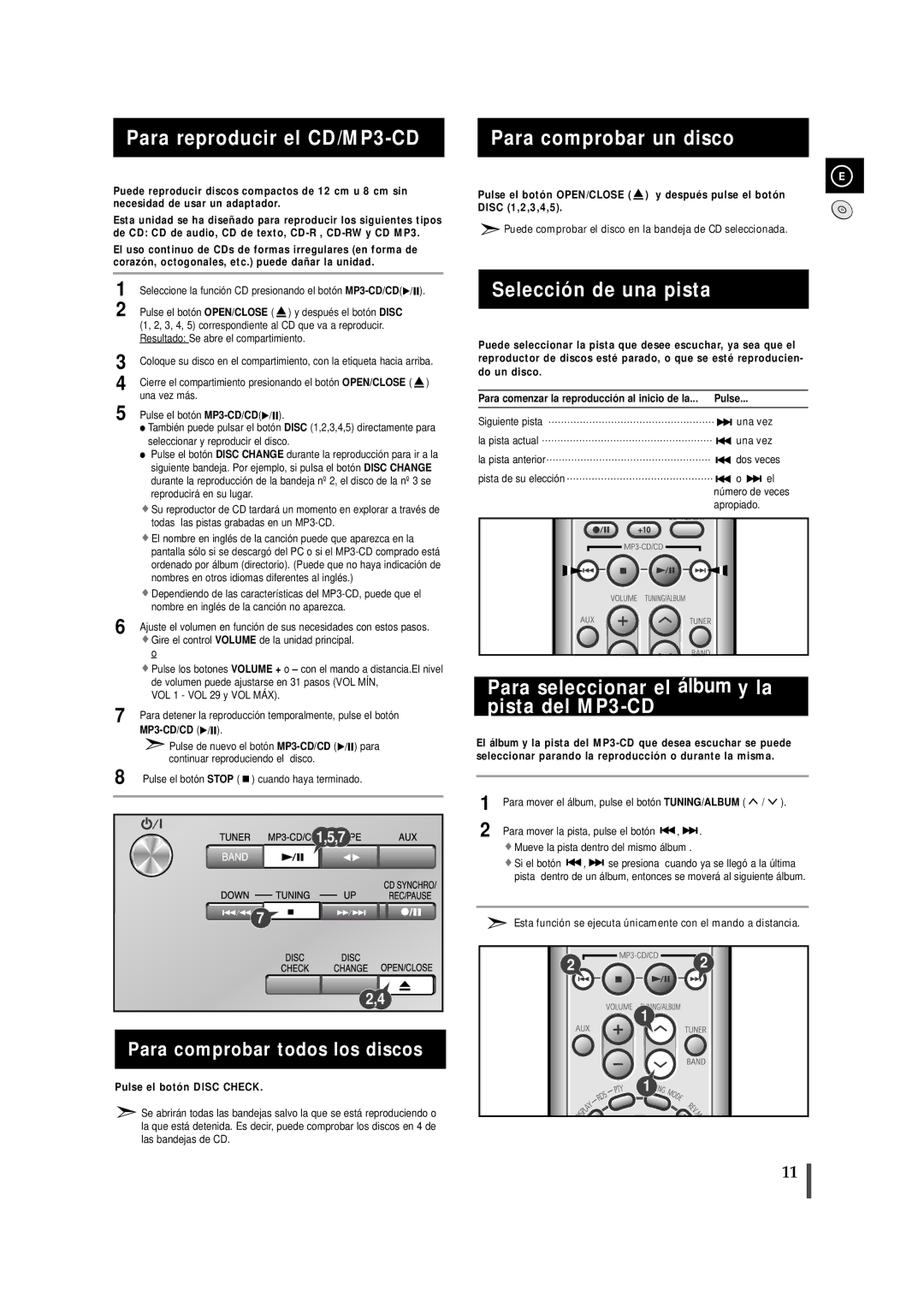 Samsung MM-ZJ9, MMZJ9RH/ELS manual Para reproducir el CD/MP3-CD, Para comprobar un disco, Selección de una pista 