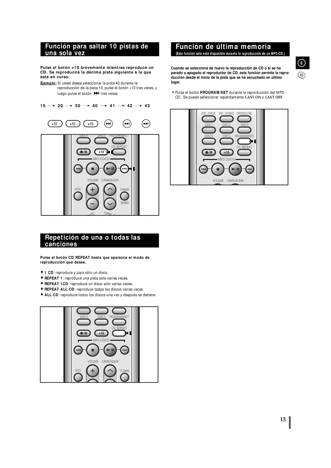 Samsung MM-ZJ9, MMZJ9RH/ELS manual Función de última memoria, Función para saltar 10 pistas de una sola vez 