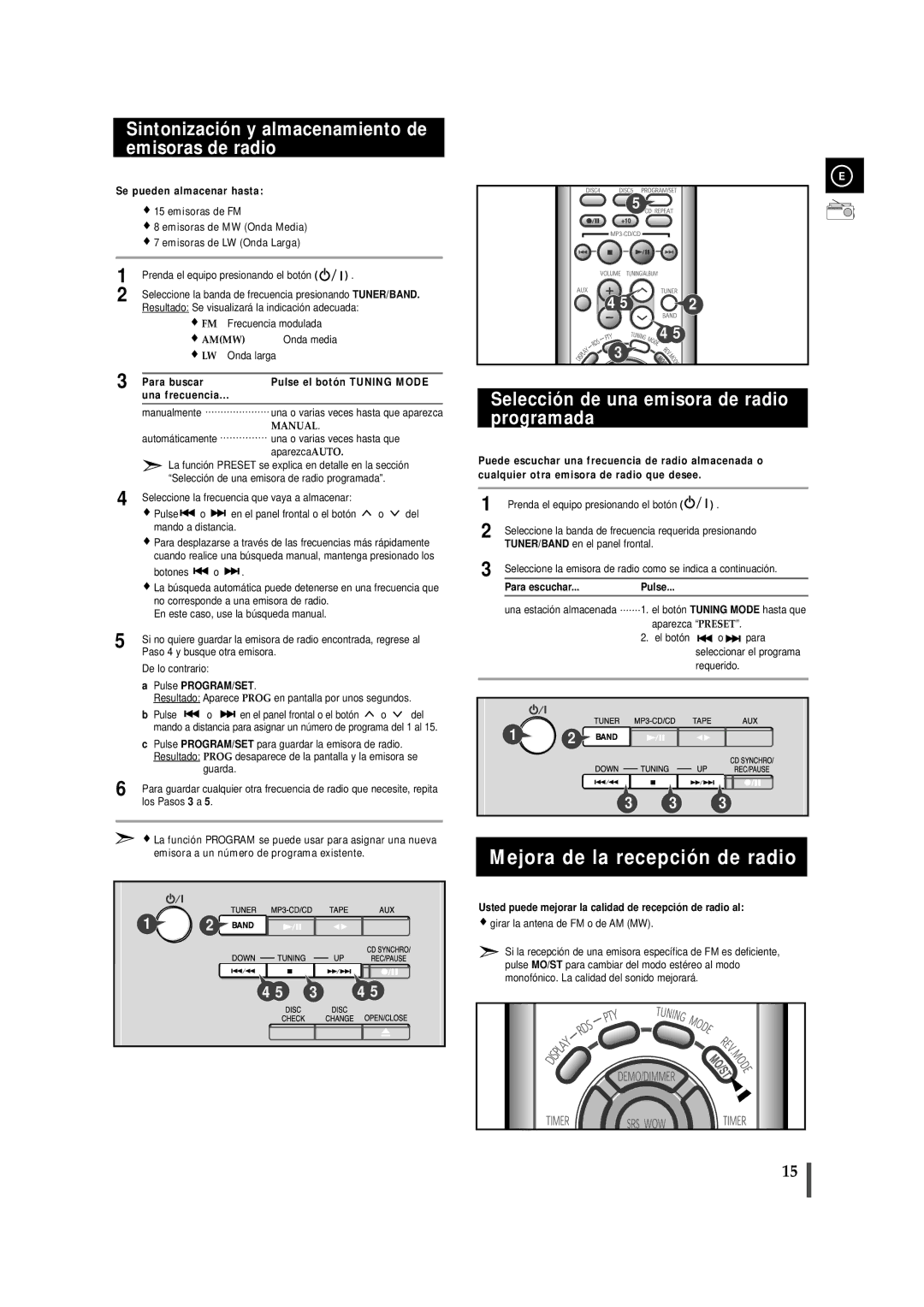 Samsung MM-ZJ9, MMZJ9RH/ELS manual Mejora de la recepción de radio, Sintonización y almacenamiento de emisoras de radio 