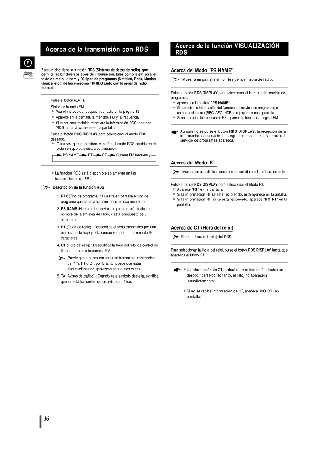 Samsung MMZJ9RH/ELS, MM-ZJ9 manual Acerca de la transmisión con RDS, Descripción de la función RDS 