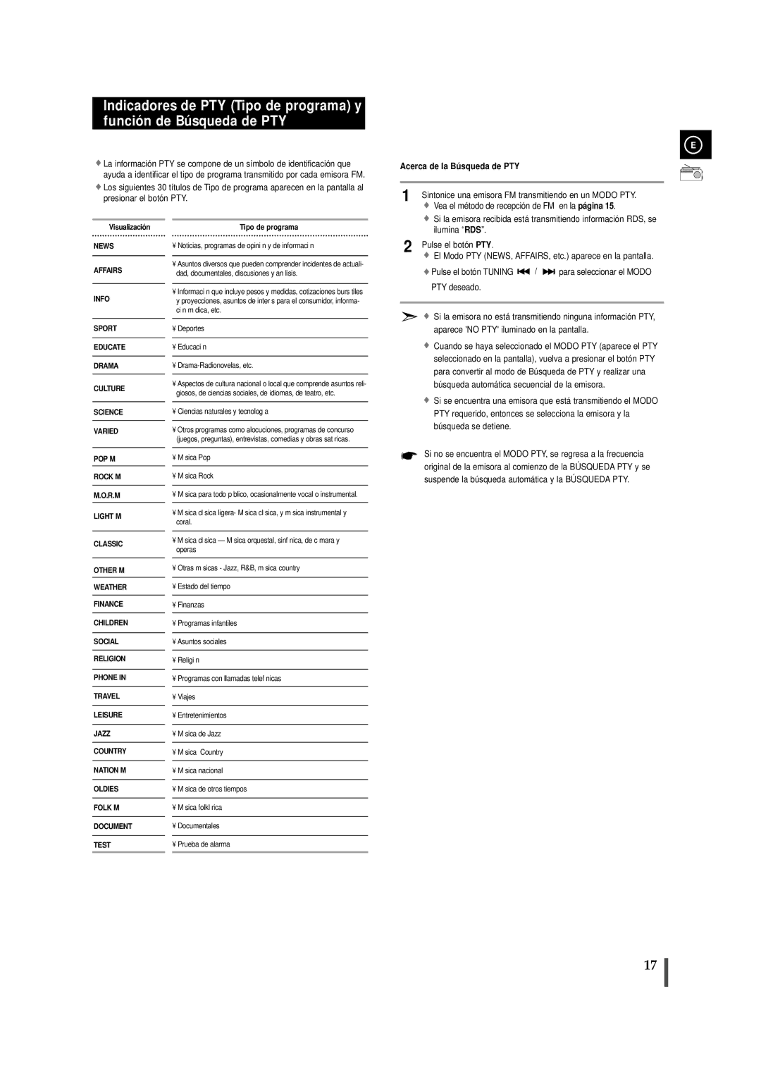 Samsung MM-ZJ9, MMZJ9RH/ELS manual Acerca de la Búsqueda de PTY, Tipo de programa 