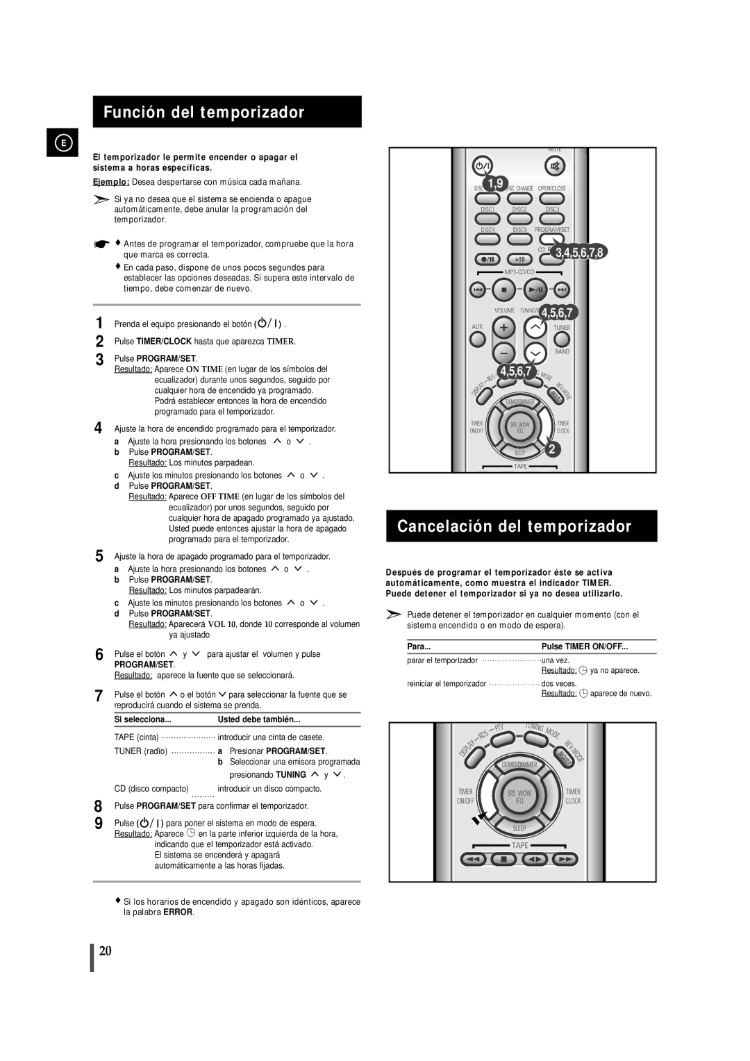 Samsung MMZJ9RH/ELS, MM-ZJ9 Función del temporizador, Cancelación del temporizador, Prenda el equipo presionando el botón 