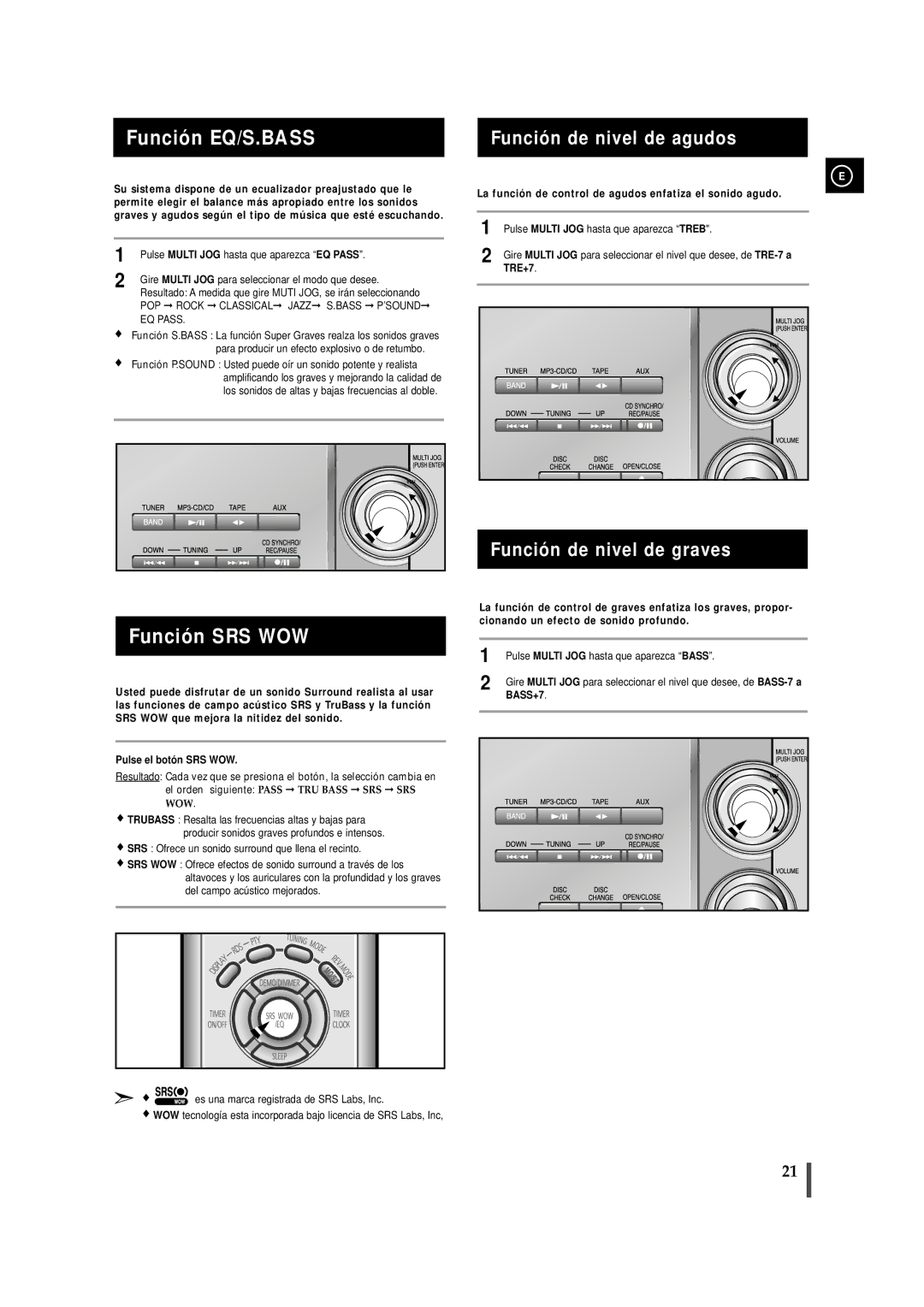 Samsung MM-ZJ9, MMZJ9RH/ELS Función EQ/S.BASS, Función SRS WOW, Función de nivel de agudos, Función de nivel de graves 