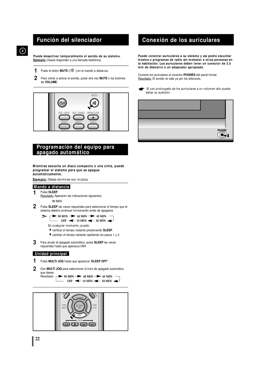 Samsung MMZJ9RH/ELS Función del silenciador, Conexión de los auriculares, Programación del equipo para apagado automático 