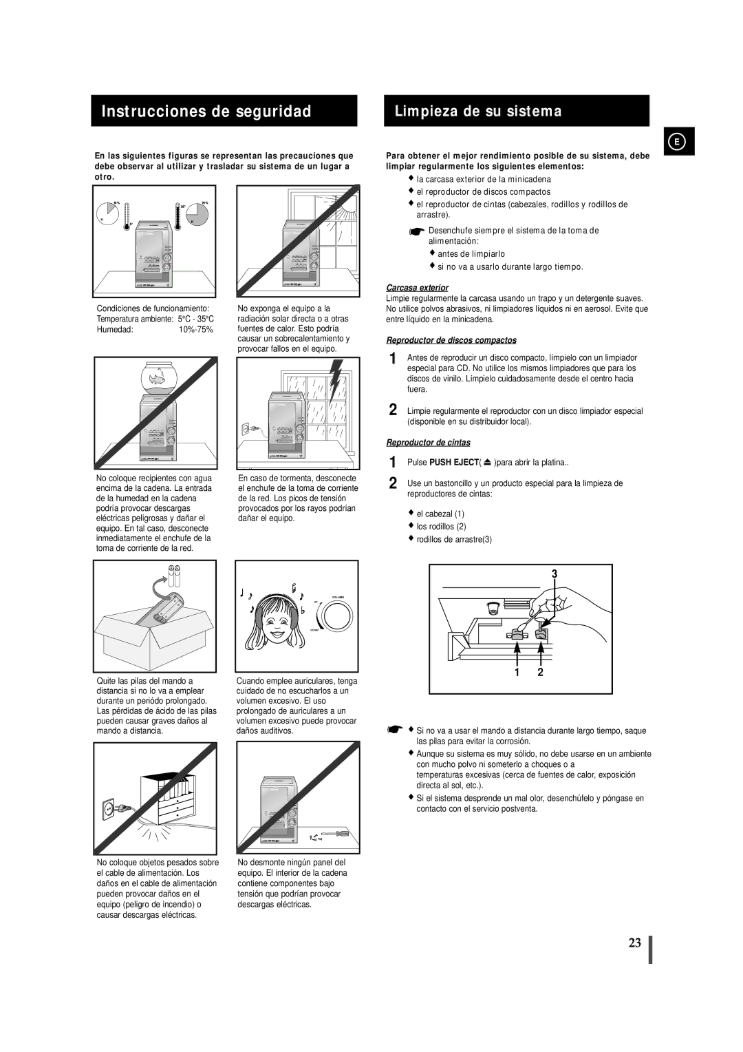 Samsung MM-ZJ9, MMZJ9RH/ELS manual Instrucciones de seguridad, Limpieza de su sistema, Pulse Push Eject 