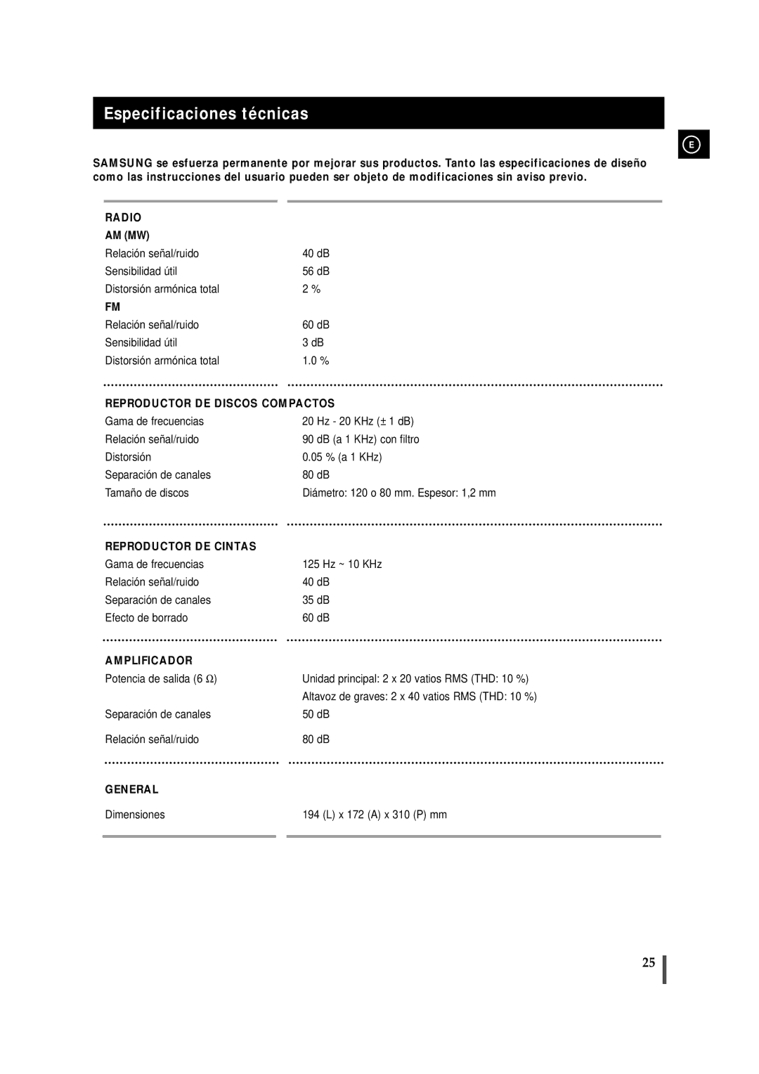 Samsung MM-ZJ9, MMZJ9RH/ELS manual Especificaciones técnicas, Reproductor DE Discos Compactos 