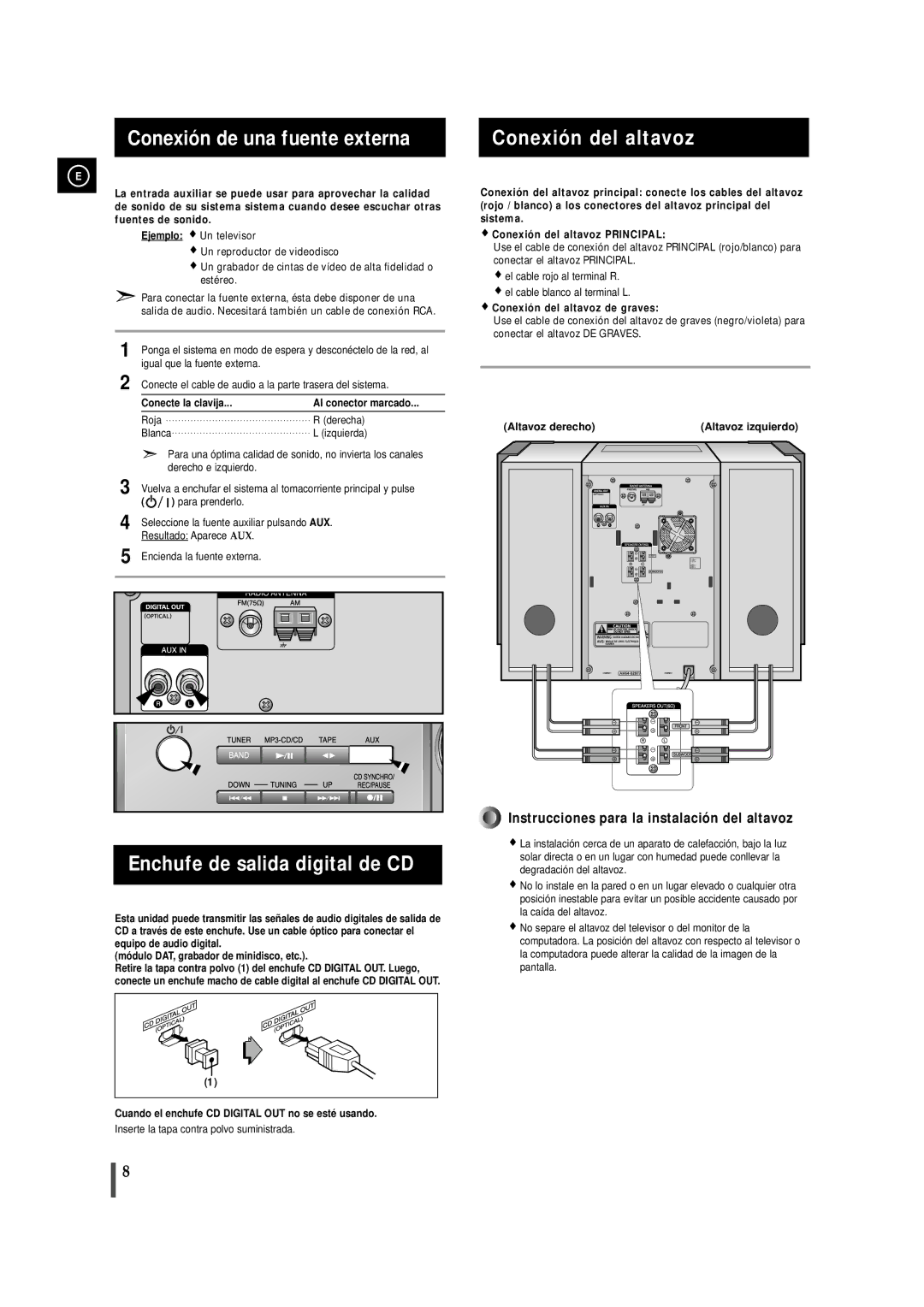 Samsung MMZJ9RH/ELS, MM-ZJ9 manual Conexión de una fuente externa, Enchufe de salida digital de CD, Conexión del altavoz 