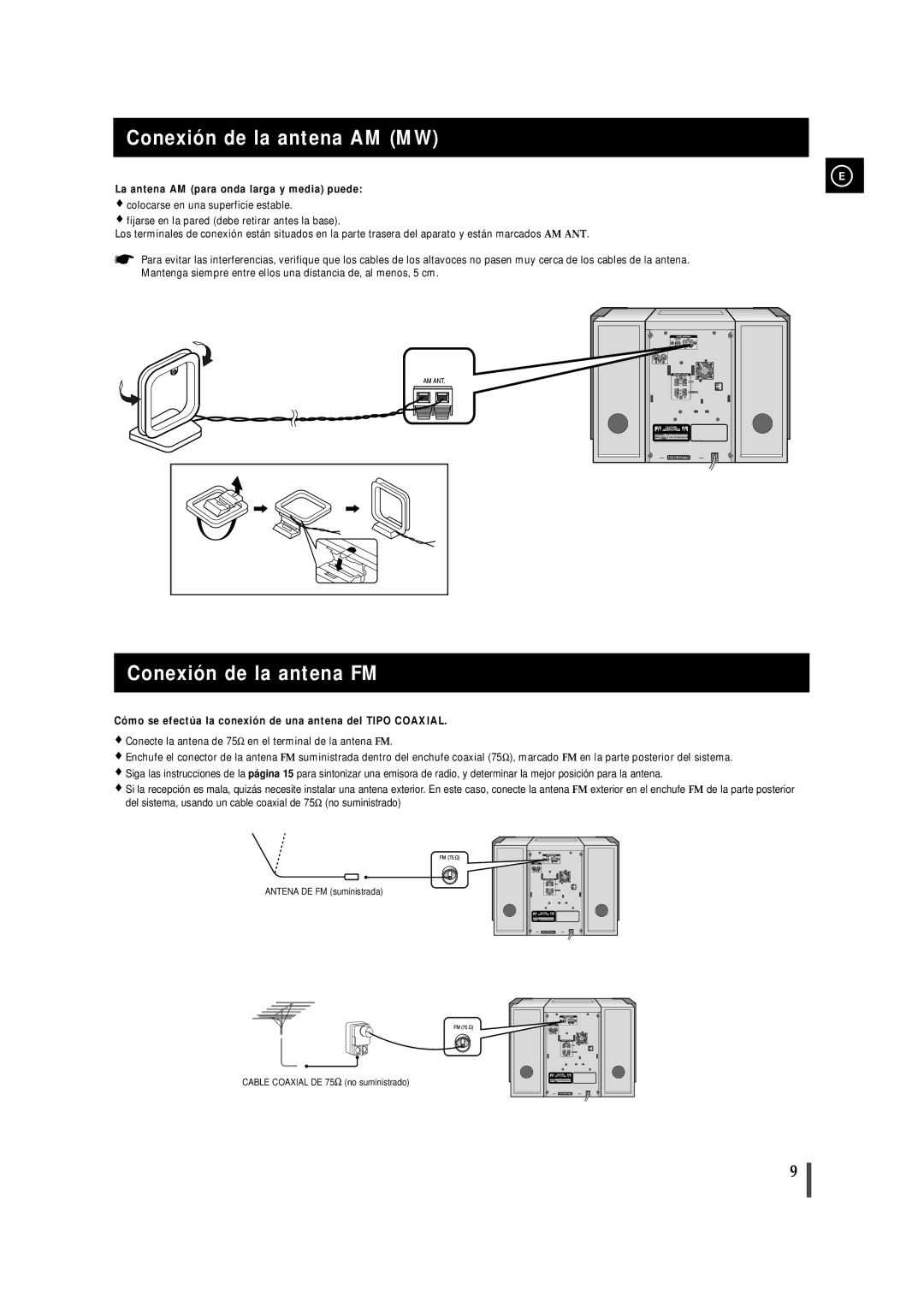 Samsung MM-ZJ9 manual Conexión de la antena AM MW, Conexión de la antena FM, La antena AM para onda larga y media puede 