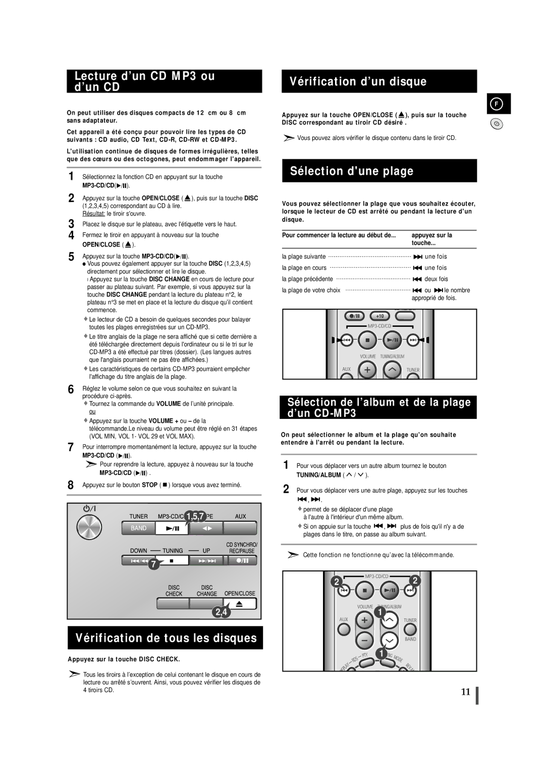 Samsung MMZJ9RH/ELS manual Lecture d’un CD MP3 ou d’un CD, Vérification de tous les disques, Vérification d’un disque 