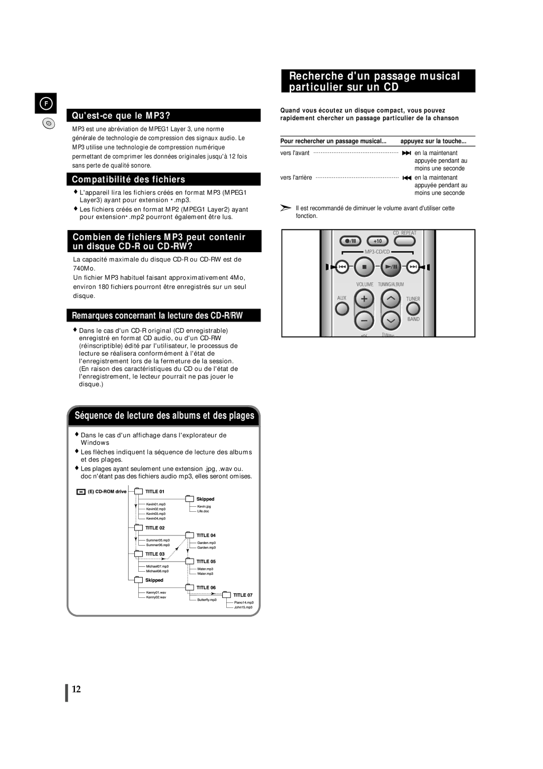 Samsung MMZJ9RH/ELS manual Recherche dun passage musical particulier sur un CD, Vers lavant En la maintenant 