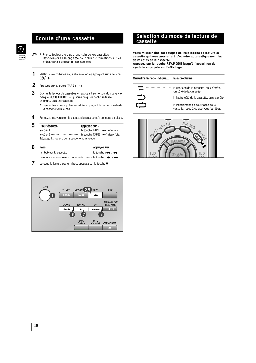 Samsung MMZJ9RH/ELS manual Écoute d’une cassette, Sélection du mode de lecture de cassette, Pour Appuyez sur 