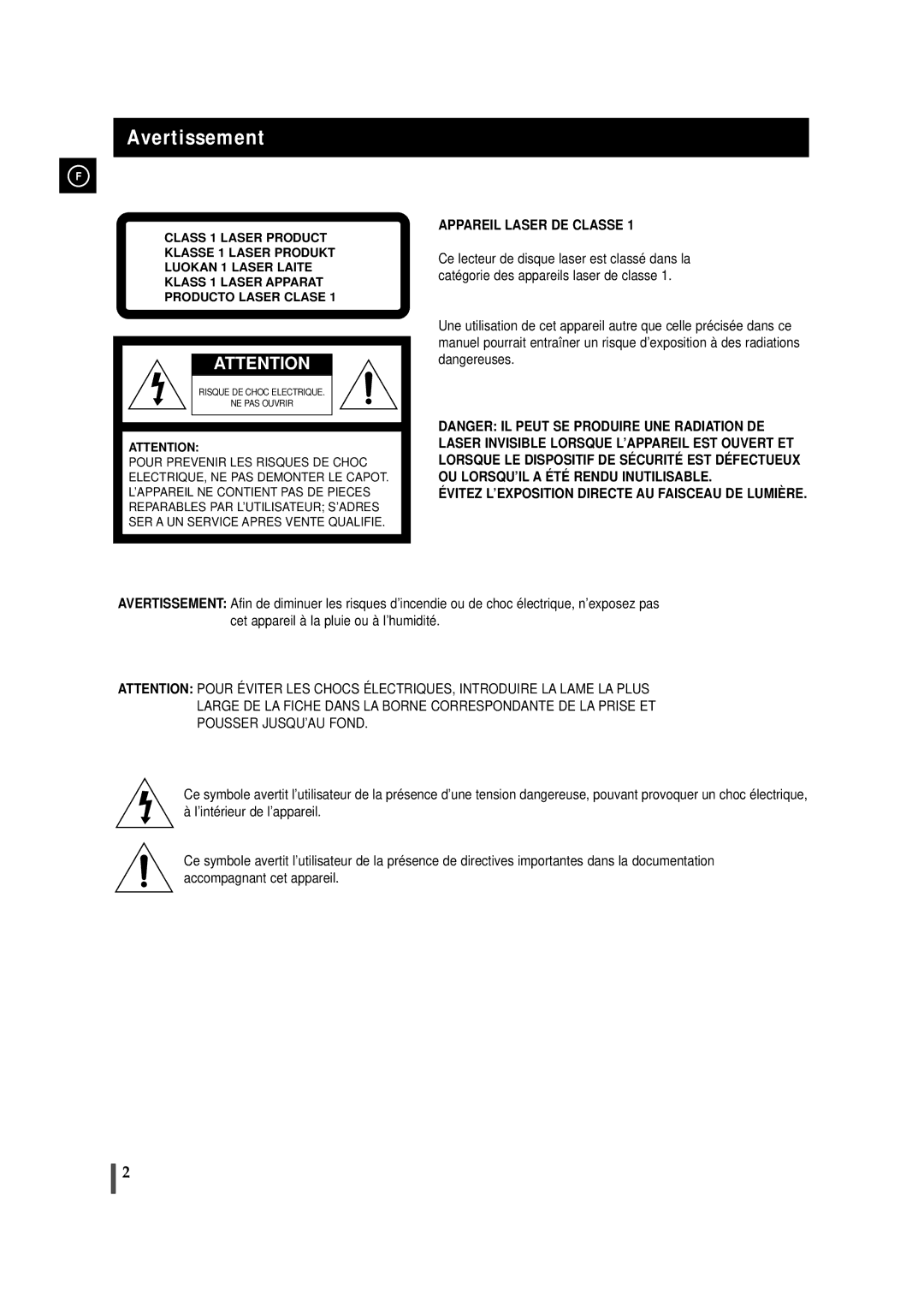 Samsung MMZJ9RH/ELS manual Avertissement, Appareil Laser DE Classe 