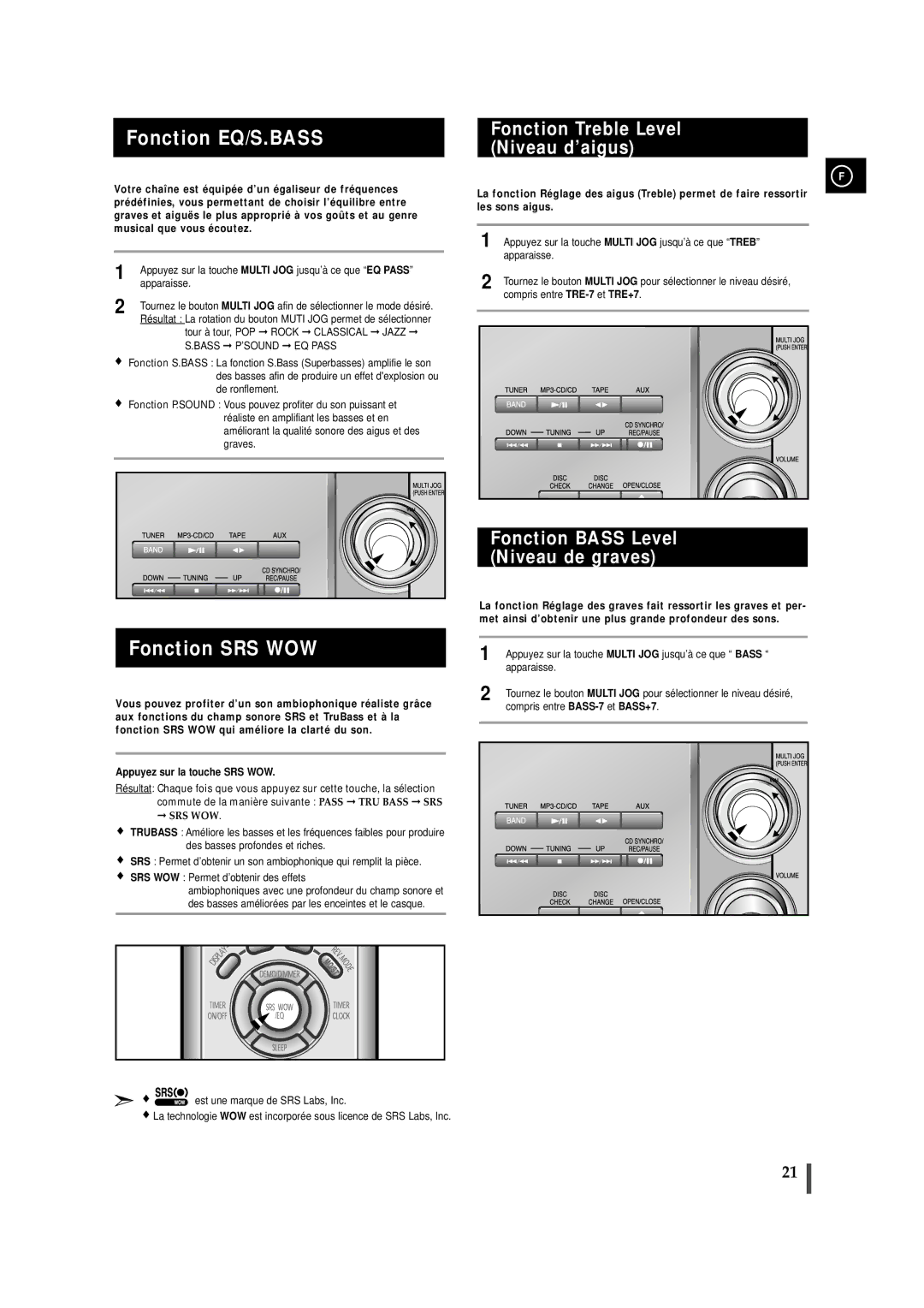 Samsung MMZJ9RH/ELS manual Fonction EQ/S.BASS, Fonction SRS WOW, Fonction Treble Level Niveau d’aigus 