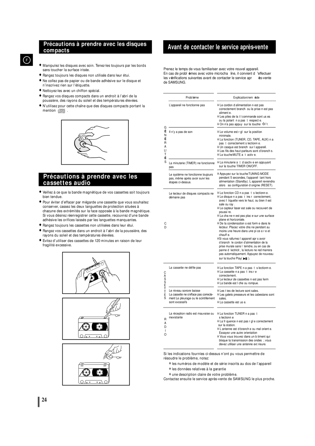 Samsung MMZJ9RH/ELS manual Avant de contacter le service après-vente, Précautions à prendre avec les cassettes audio 