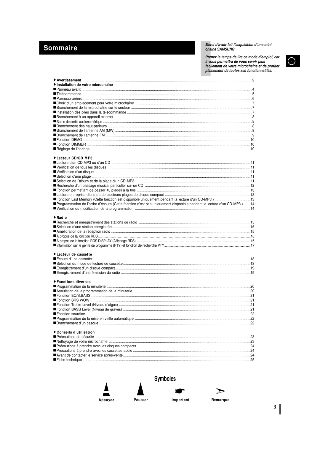 Samsung MMZJ9RH/ELS manual Lecteur CD/CD MP3, Radio, Lecteur de cassette, Fonctions diverses, Conseils d’utilisation 