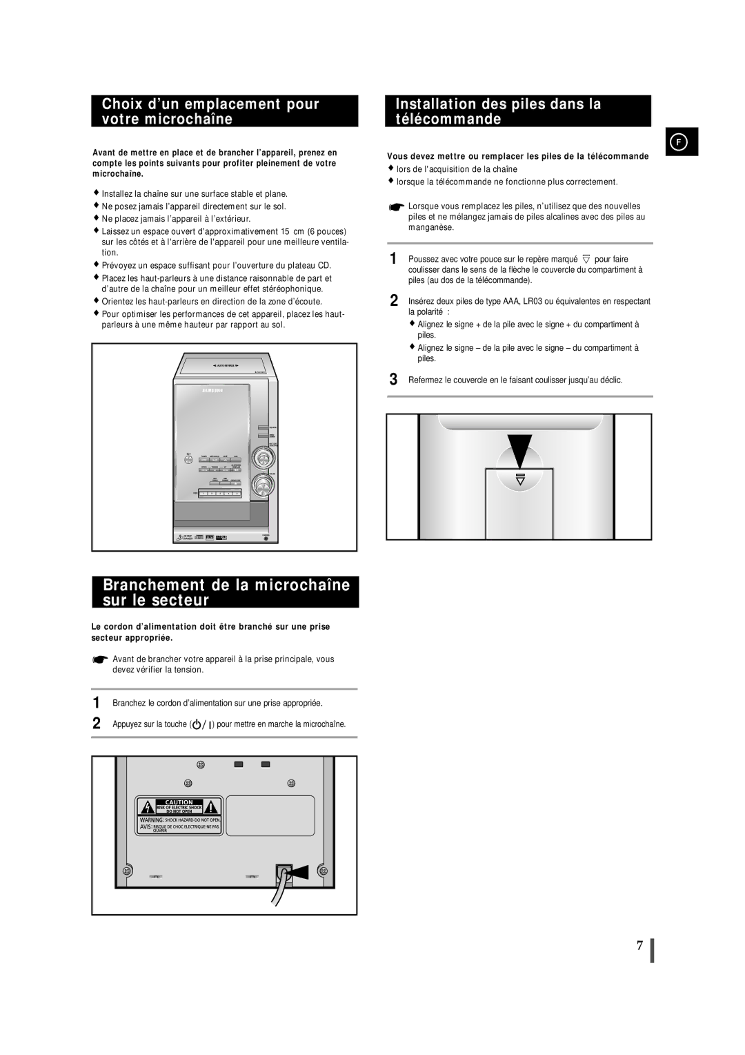 Samsung MMZJ9RH/ELS manual Branchement de la microchaîne sur le secteur, Choix d’un emplacement pour votre microchaîne 