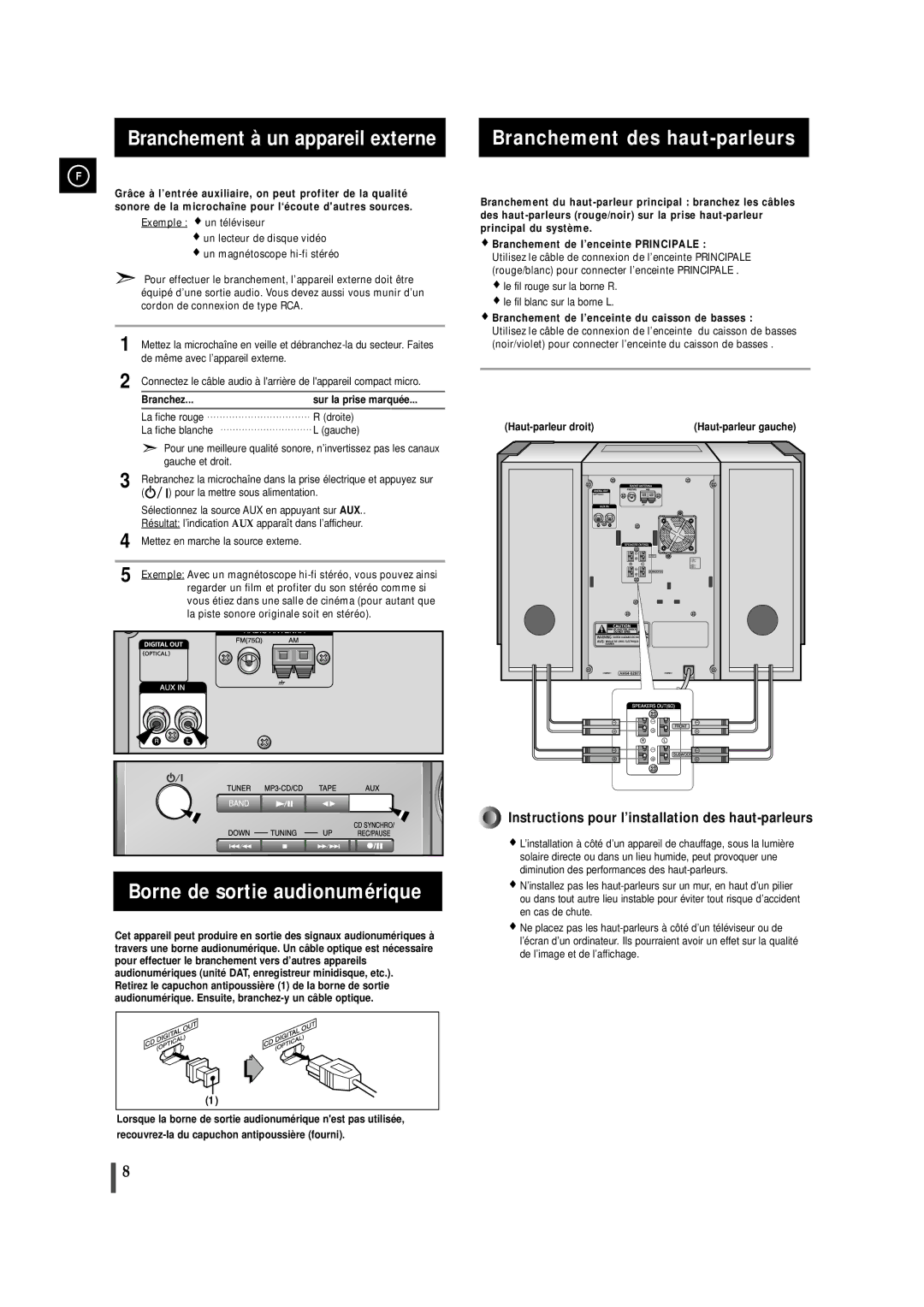 Samsung MMZJ9RH/ELS manual Branchement à un appareil externe, Borne de sortie audionumérique, Branchement des haut-parleurs 