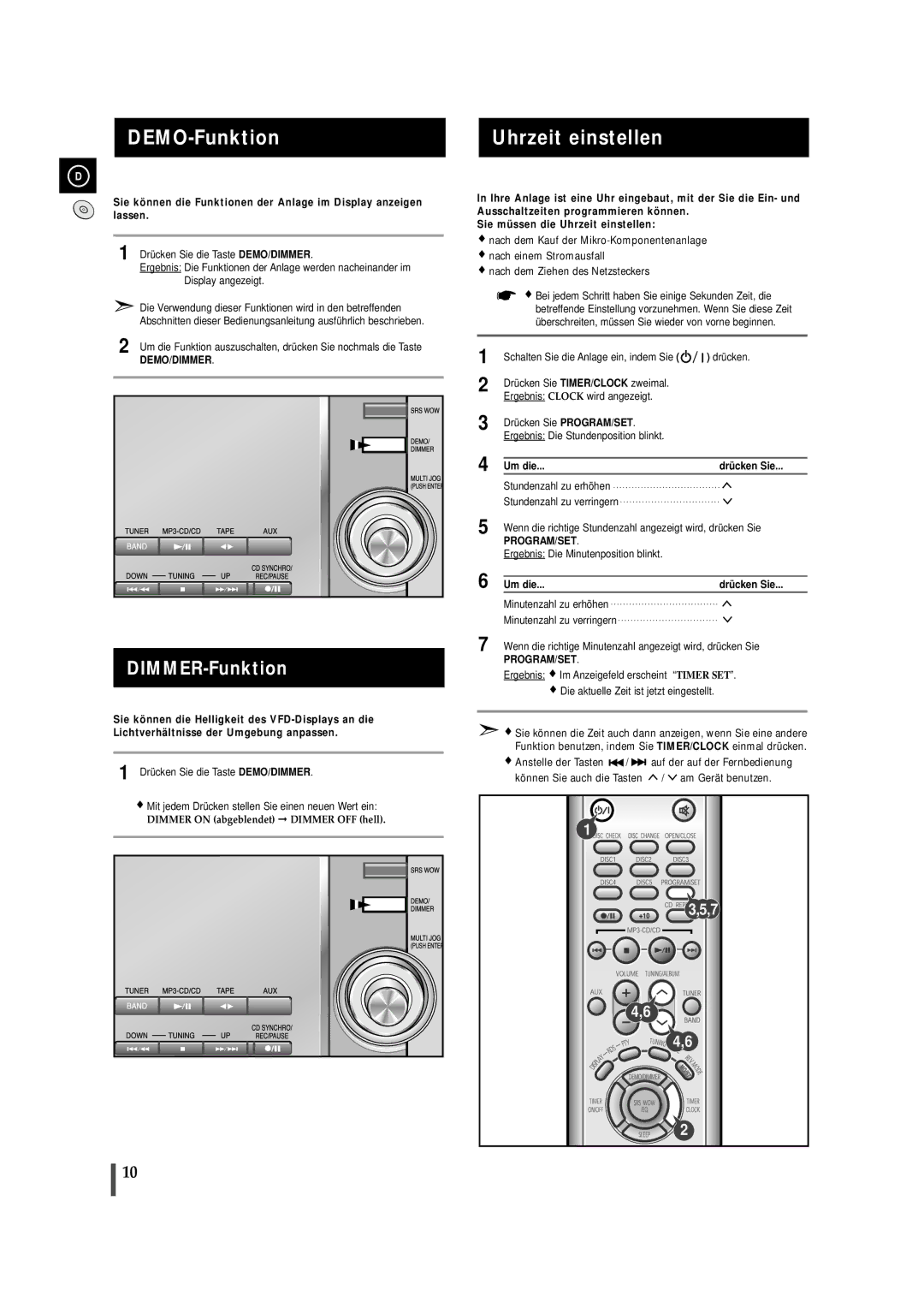 Samsung MMZJ9RH/ELS manual DEMO-Funktion Uhrzeit einstellen, DIMMER-Funktion, Um die 