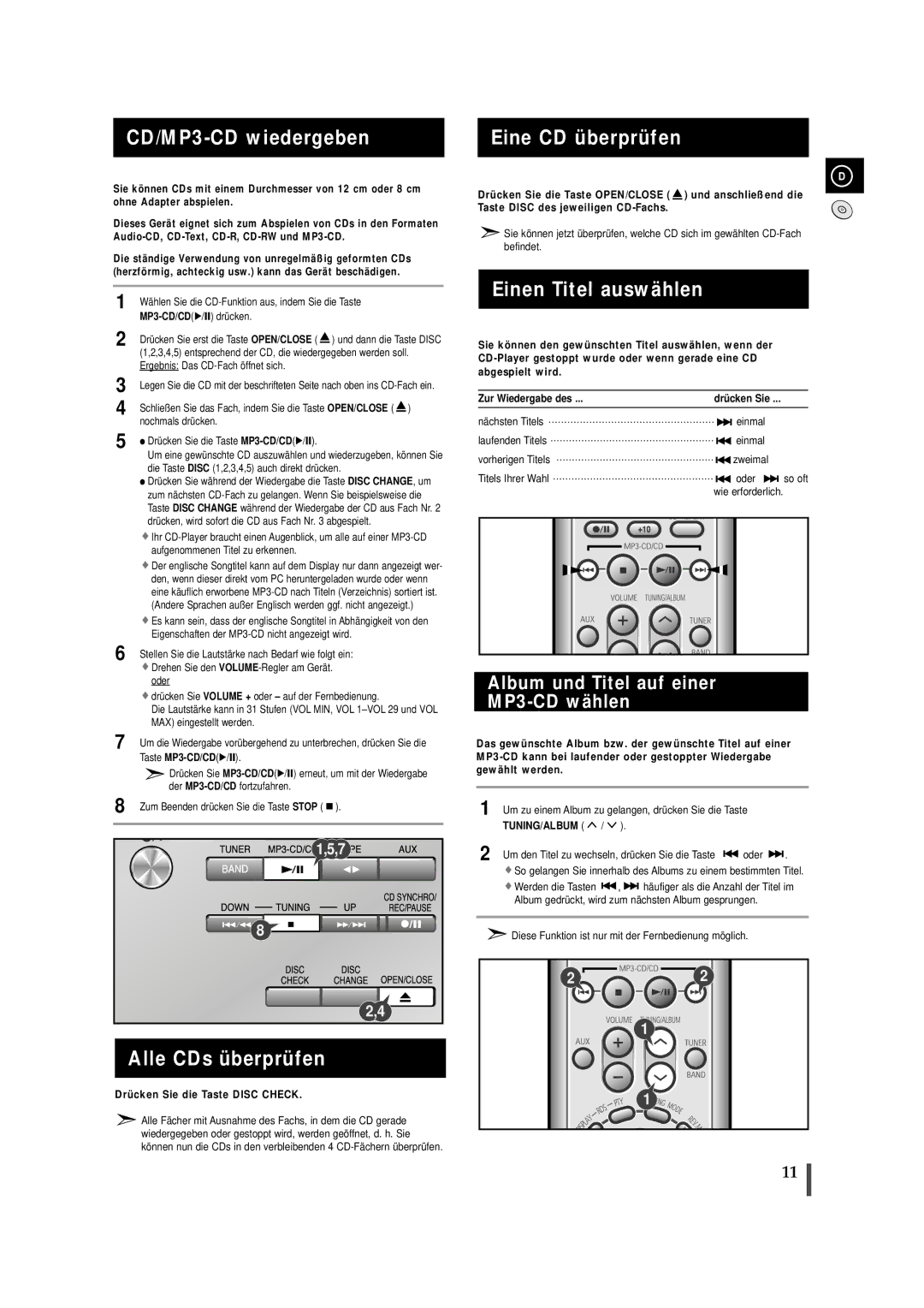 Samsung MMZJ9RH/ELS manual CD/MP3-CD wiedergeben, Alle CDs überprüfen, Eine CD überprüfen, Einen Titel auswählen 