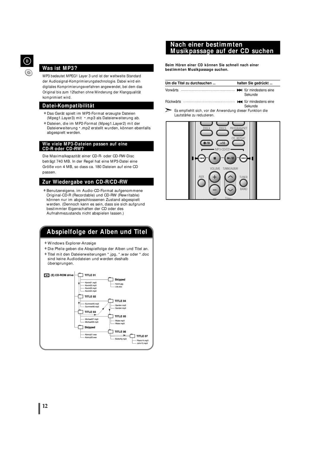 Samsung MMZJ9RH/ELS manual Abspielfolge der Alben und Titel, Nach einer bestimmten Musikpassage auf der CD suchen, Vorwärts 