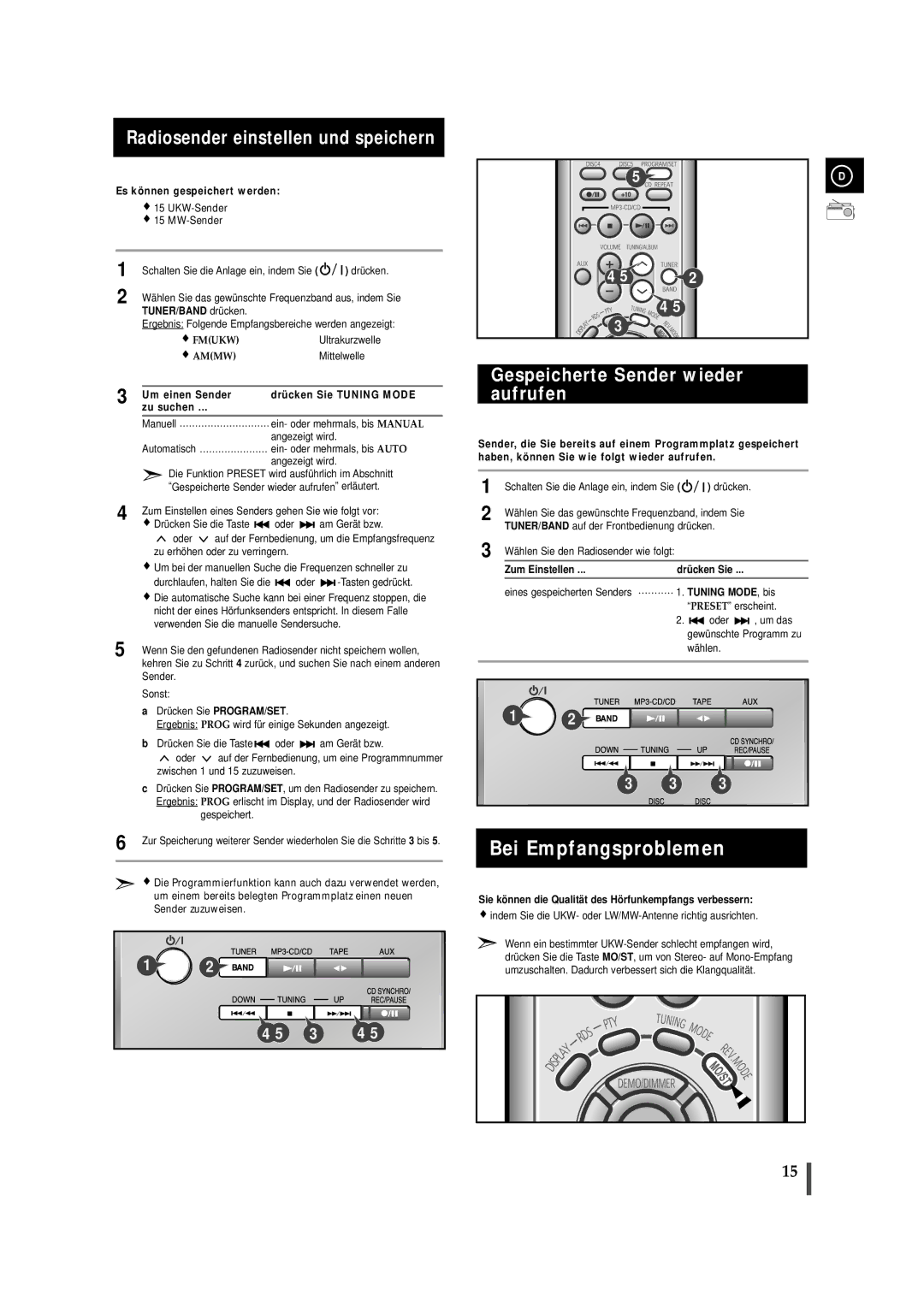 Samsung MMZJ9RH/ELS manual Bei Empfangsproblemen, Radiosender einstellen und speichern, Gespeicherte Sender wieder aufrufen 