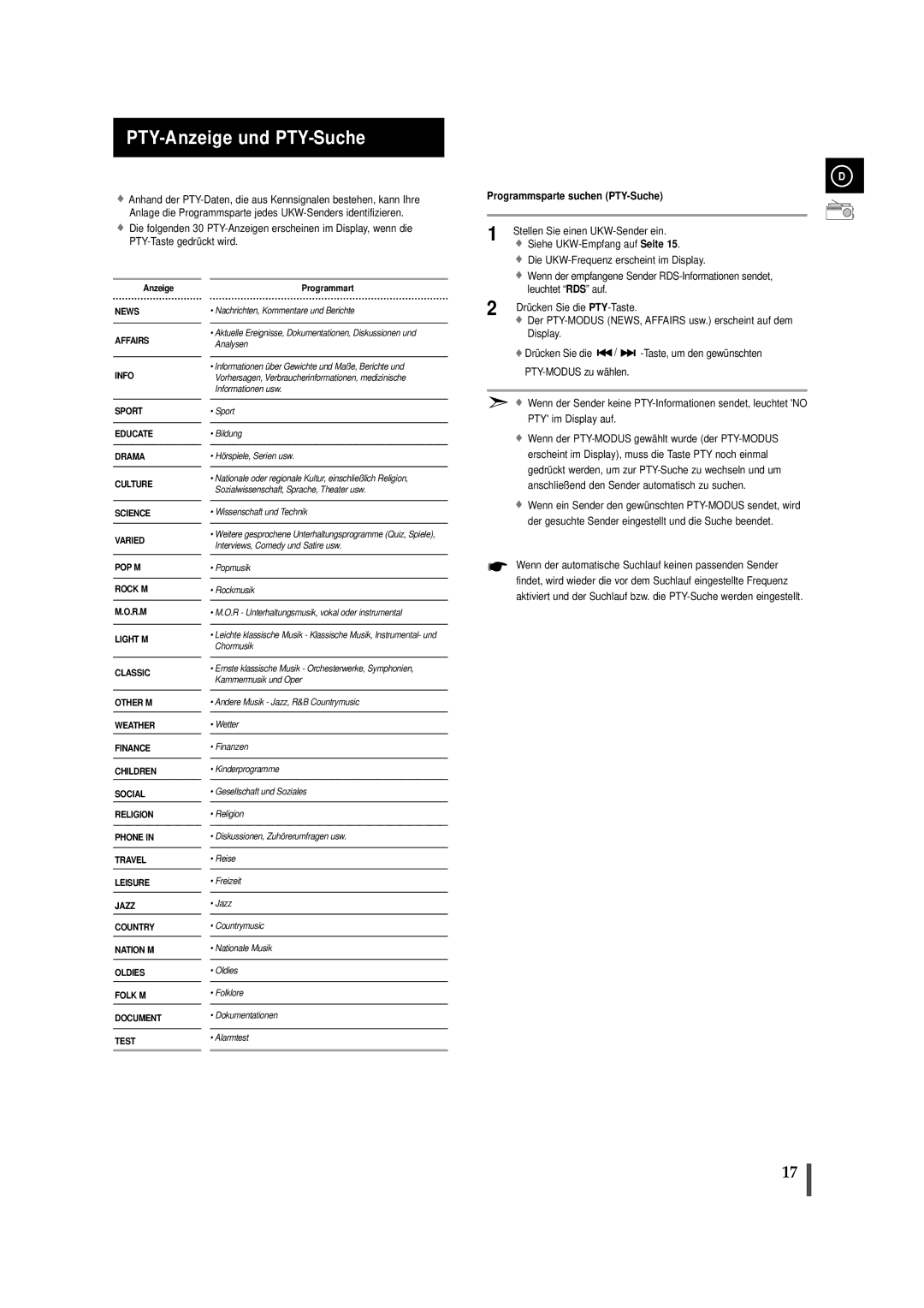 Samsung MMZJ9RH/ELS manual PTY-Anzeige und PTY-Suche, Programmsparte suchen PTY-Suche 