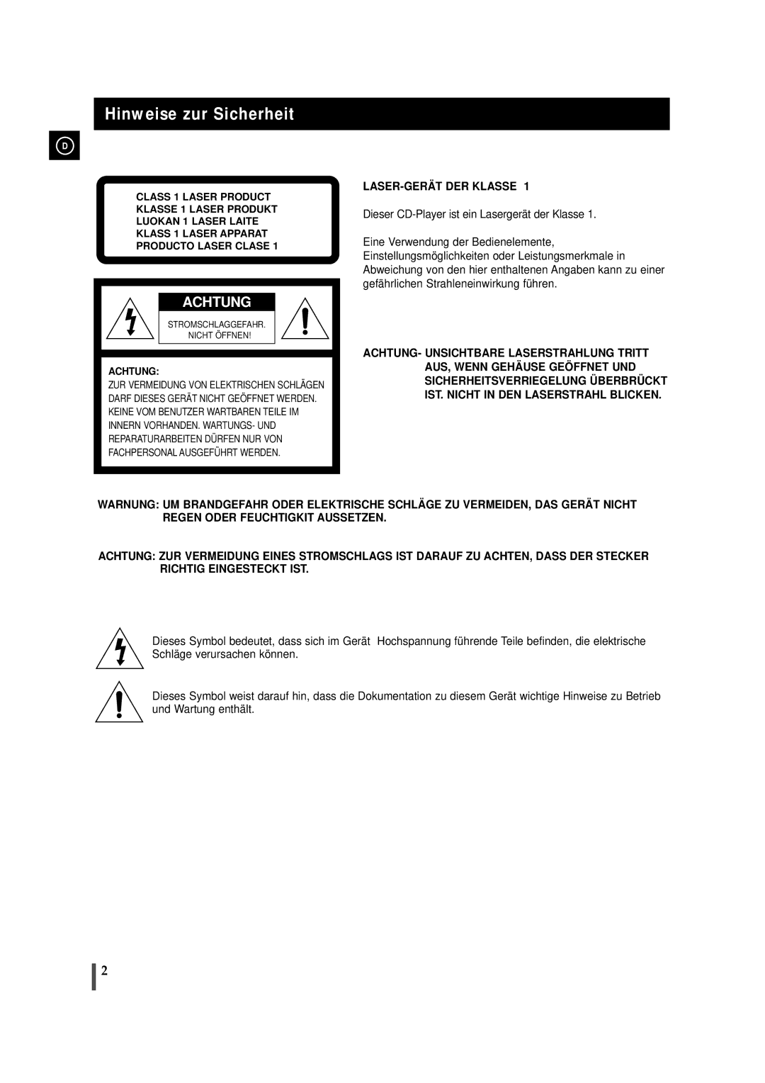 Samsung MMZJ9RH/ELS manual Hinweise zur Sicherheit, Achtung 