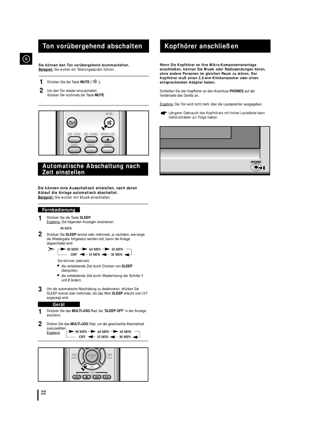 Samsung MMZJ9RH/ELS Ton vorübergehend abschalten, Kopfhörer anschließen, Automatische Abschaltung nach Zeit einstellen 