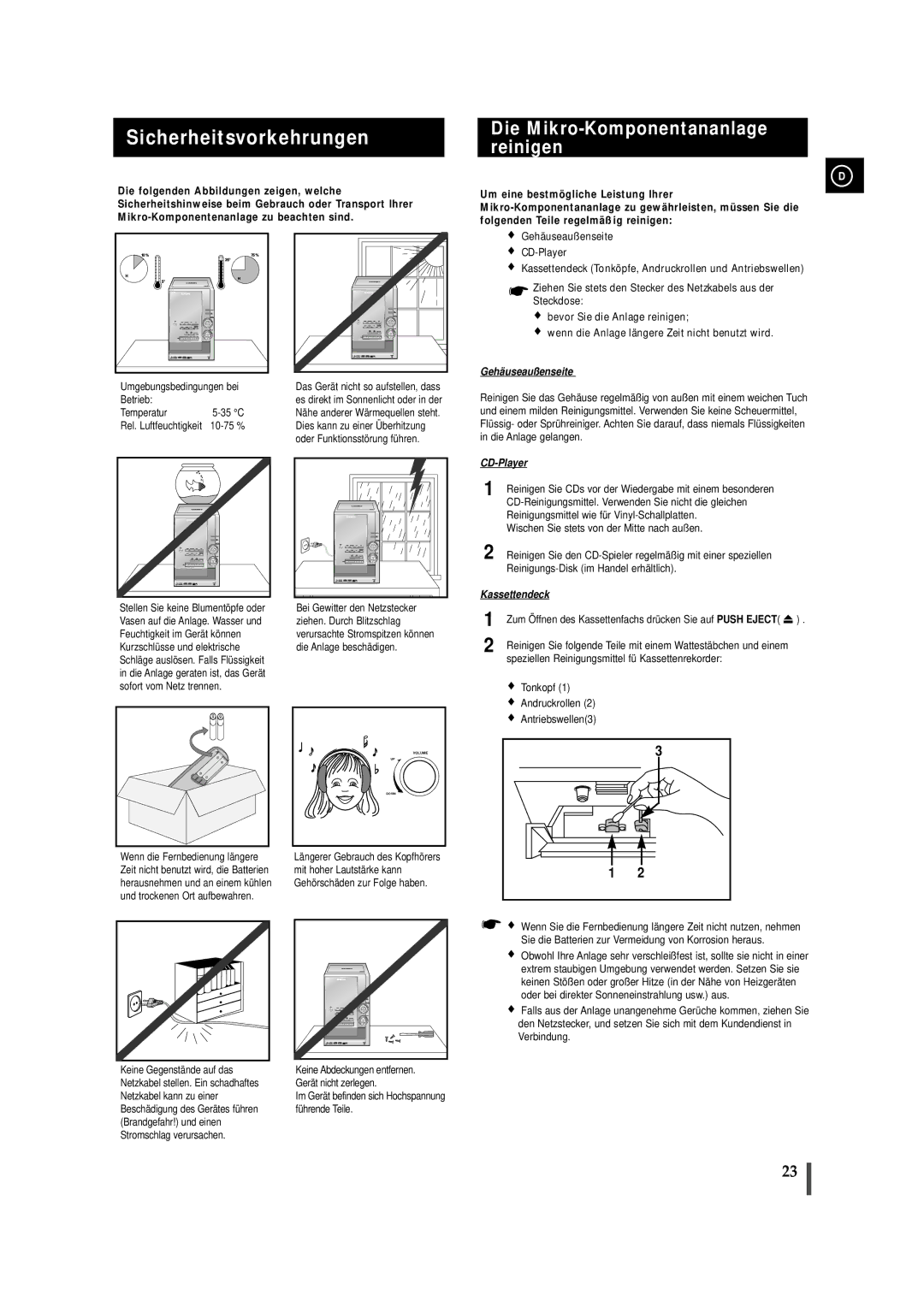 Samsung MMZJ9RH/ELS manual Sicherheitsvorkehrungen, Die Mikro-Komponentananlage reinigen 