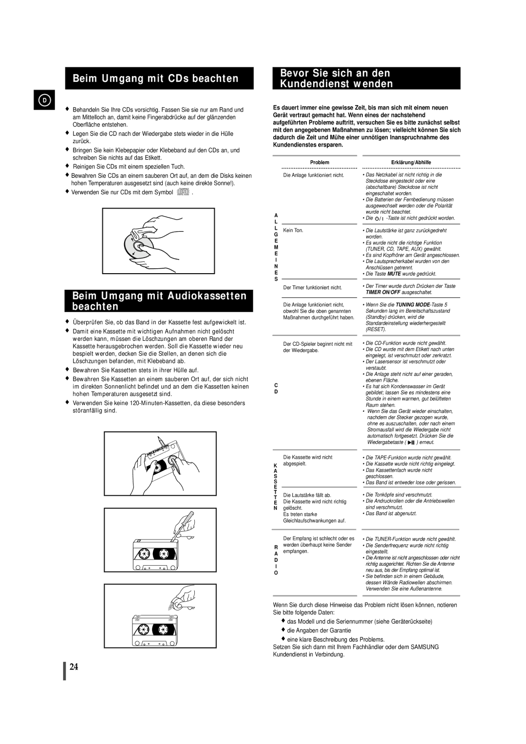 Samsung MMZJ9RH/ELS manual Beim Umgang mit CDs beachten, Bevor Sie sich an den Kundendienst wenden 