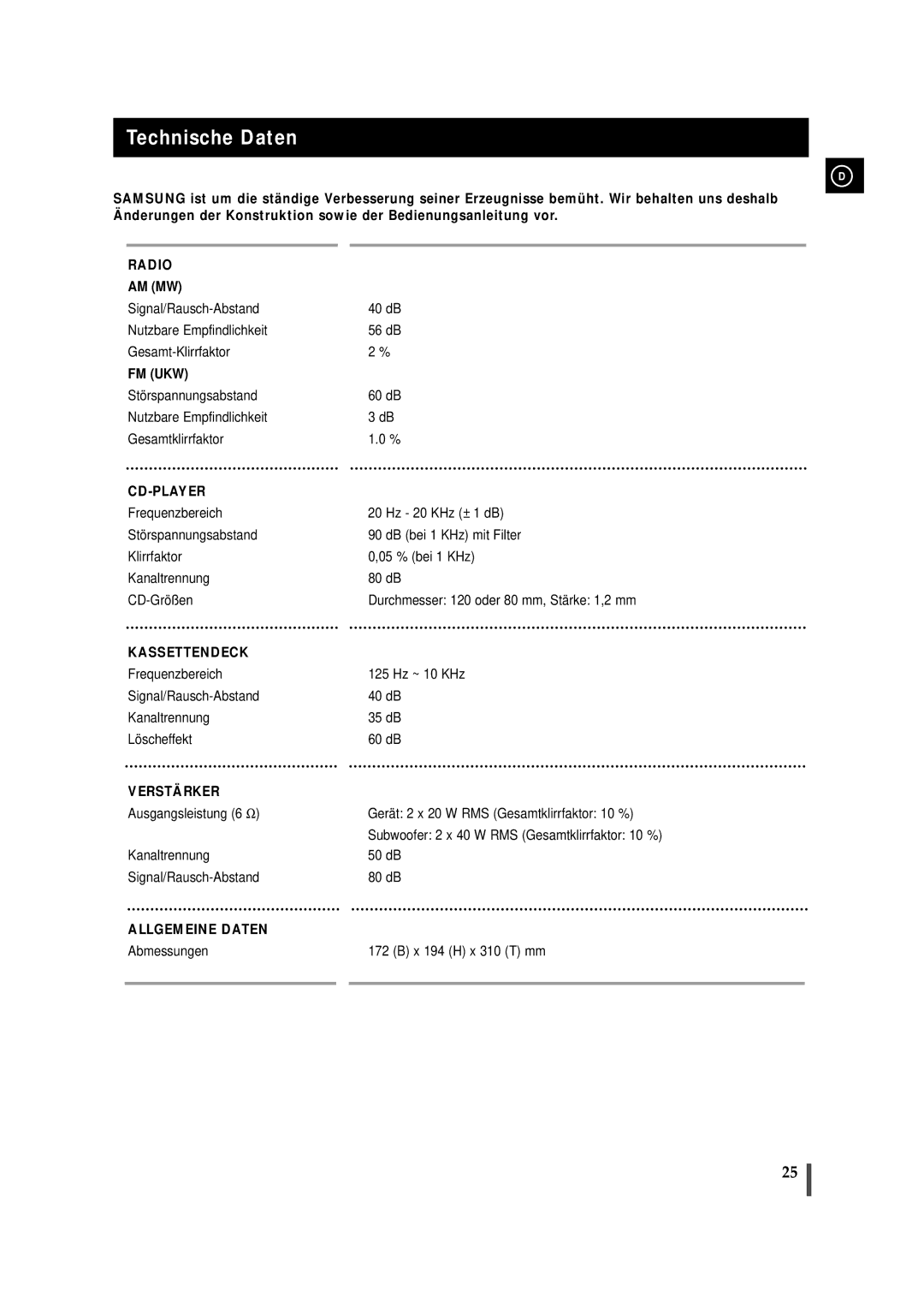 Samsung MMZJ9RH/ELS manual Technische Daten, Cd-Player 