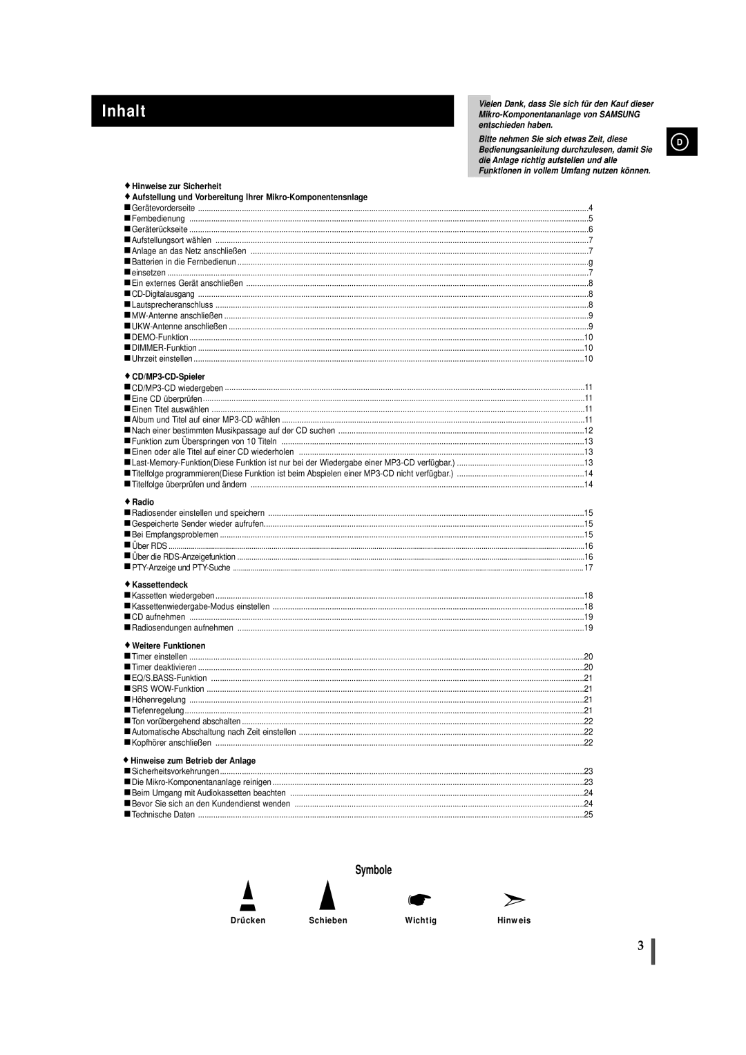 Samsung MMZJ9RH/ELS manual Inhalt, Drücken Schieben Wichtig 