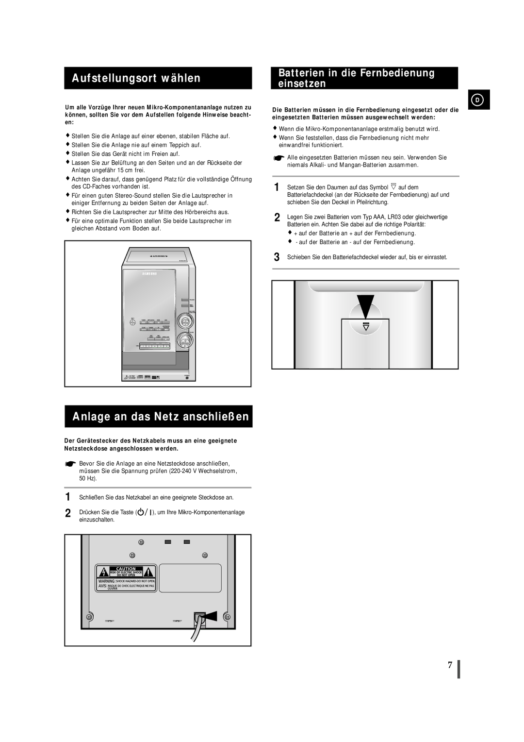 Samsung MMZJ9RH/ELS manual Aufstellungsort wählen, Anlage an das Netz anschließen, Batterien in die Fernbedienung einsetzen 