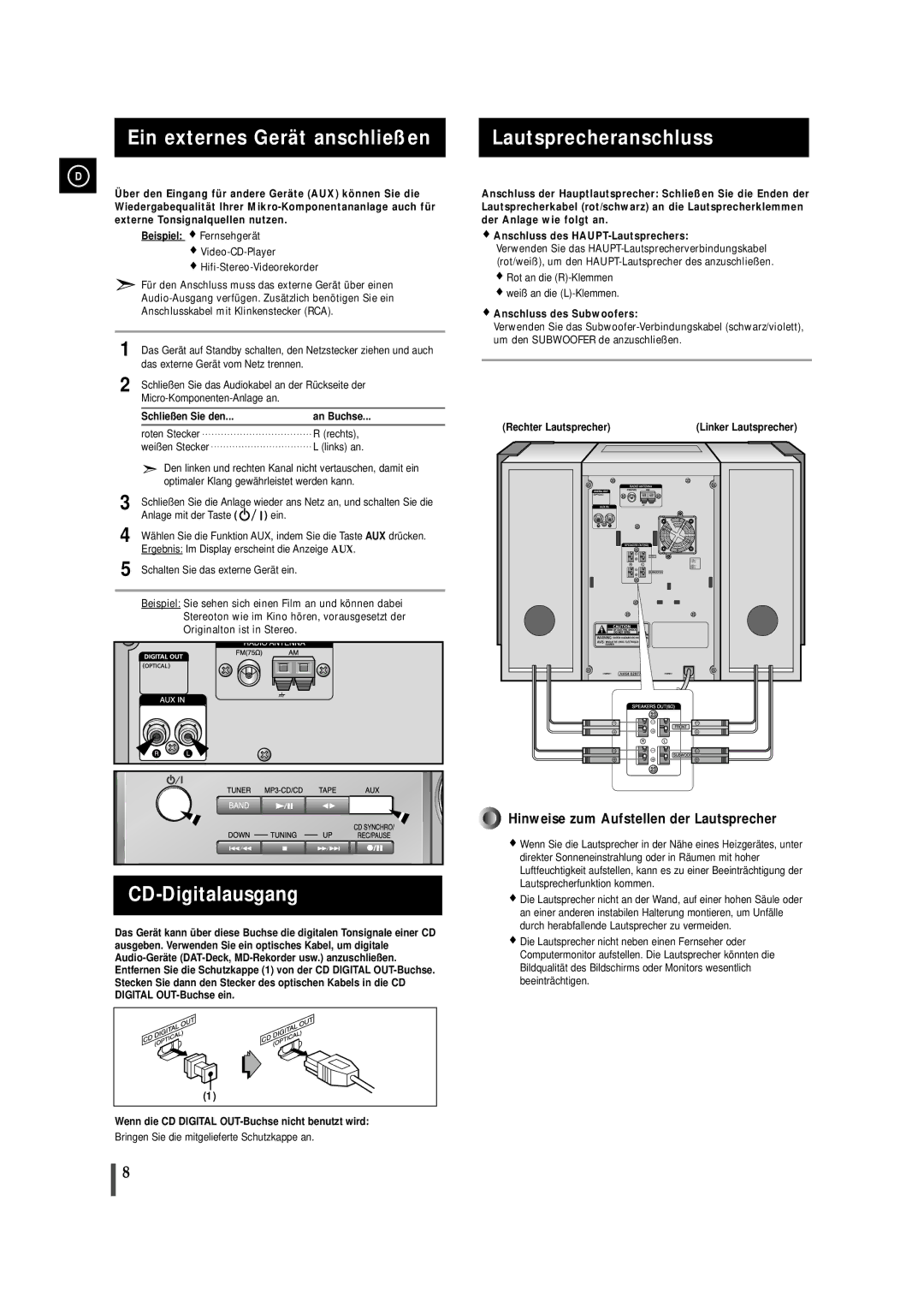 Samsung MMZJ9RH/ELS Ein externes Gerät anschließen, CD-Digitalausgang, Lautsprecheranschluss, Anschluss des Subwoofers 