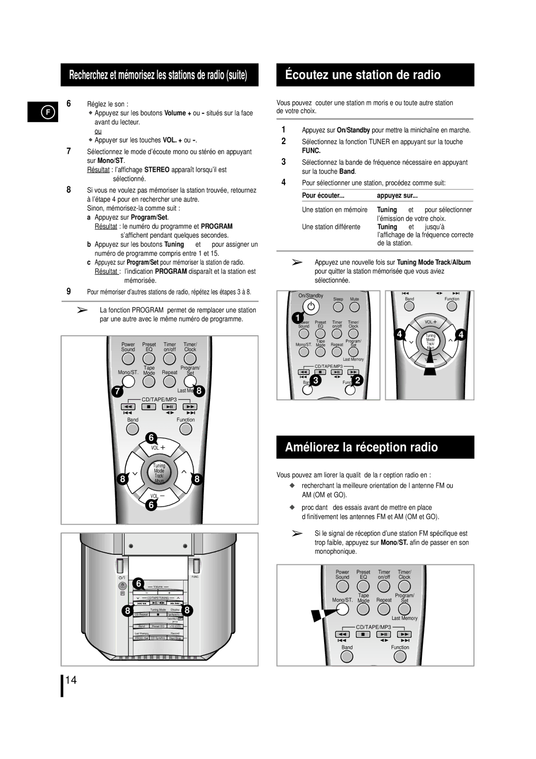 Samsung MMZL7RH/ELS Coutez une station de radio, Amé liorez la ré ception radio, De votre choix, Pour écouter, Tuning 