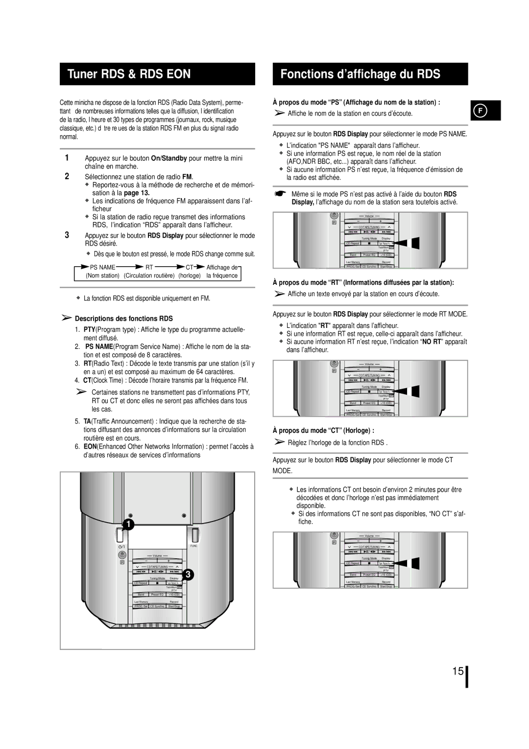 Samsung MMZL7RH/ELS manual Tuner RDS & RDS EON Fonctions d’affichage du RDS, Descriptions des fonctions RDS 