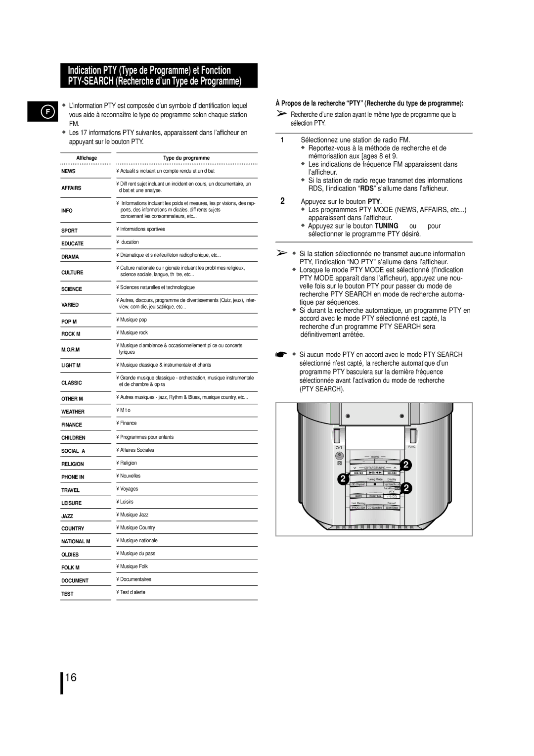 Samsung MMZL7RH/ELS manual Propos de la recherche PTY Recherche du type de programme 