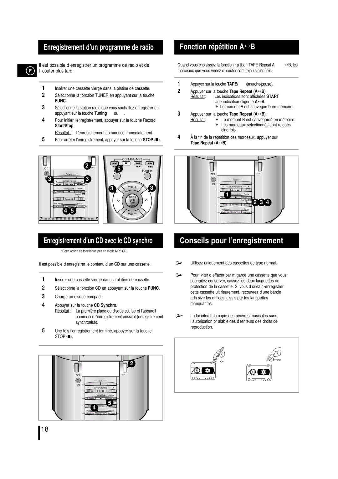 Samsung MMZL7RH/ELS manual Fonction répétition A↔ B, Conseils pour l’enregistrement, Enregistrement d’un programme de radio 